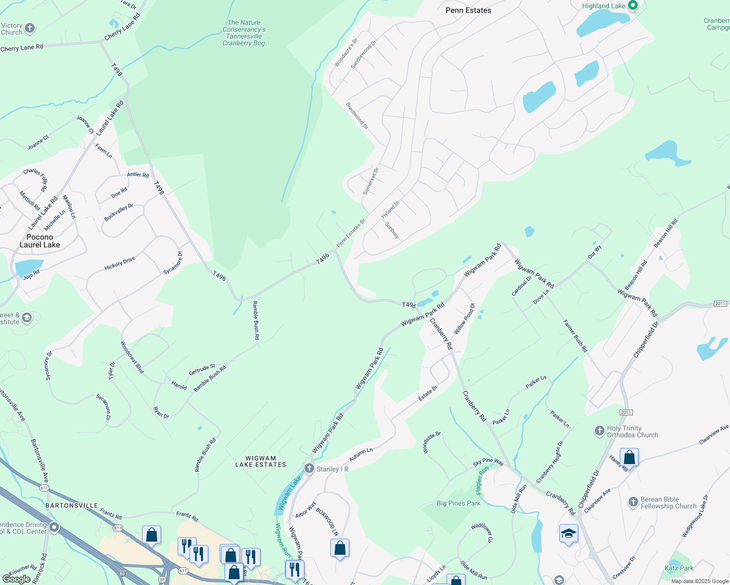 map of restaurants, bars, coffee shops, grocery stores, and more near 436 Cranberry Road in East Stroudsburg