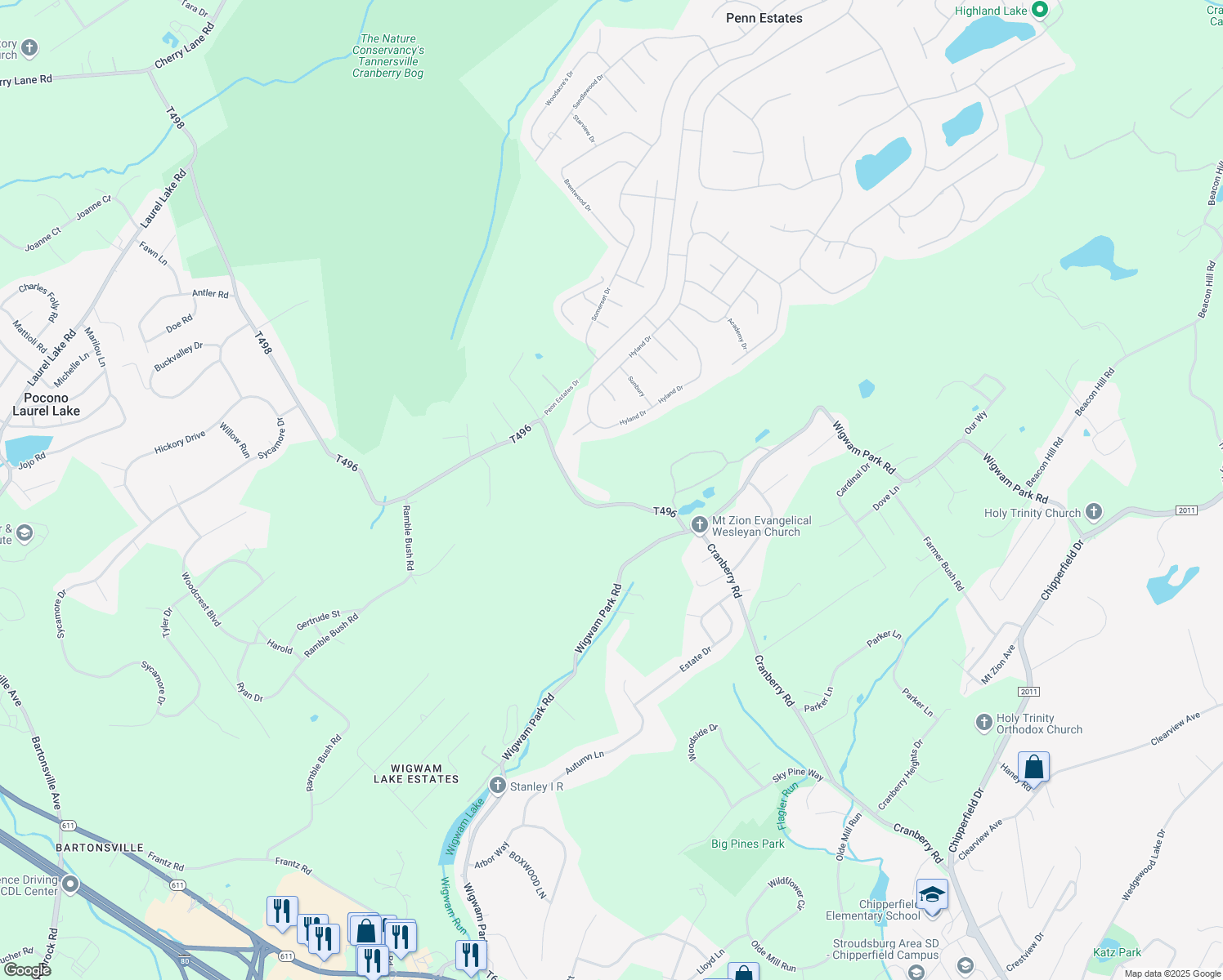 map of restaurants, bars, coffee shops, grocery stores, and more near 424 Cranberry Road in East Stroudsburg