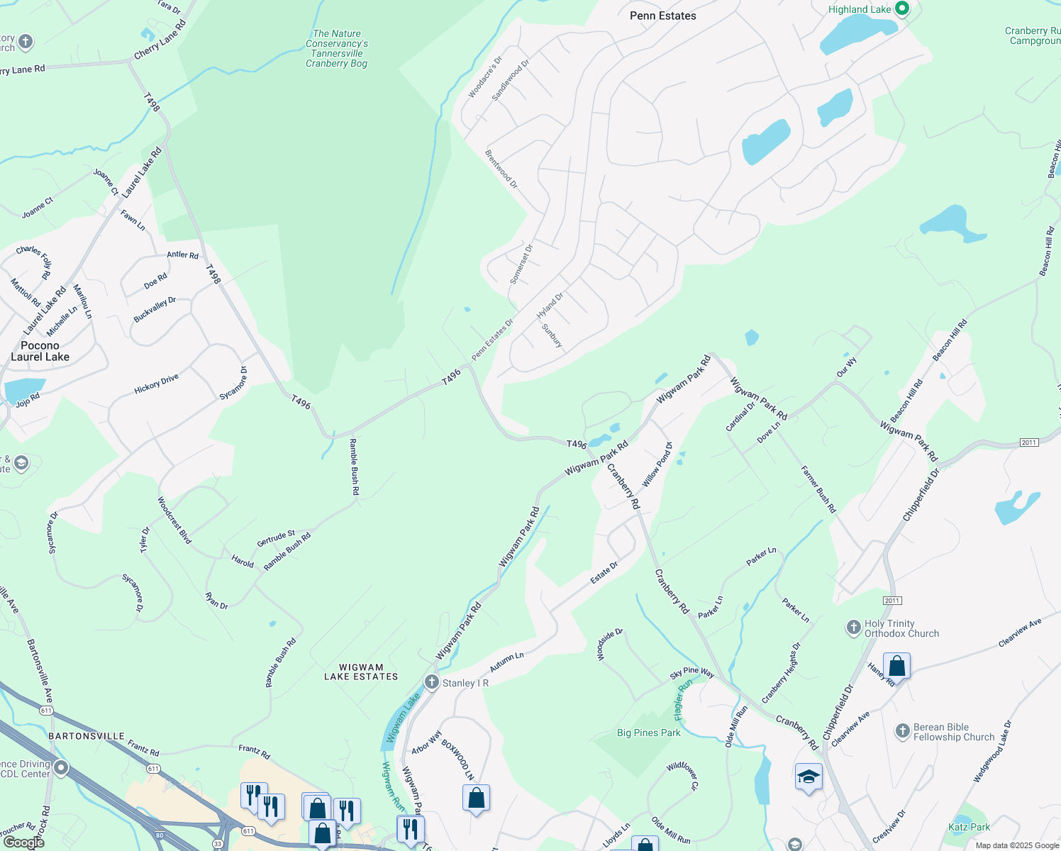 map of restaurants, bars, coffee shops, grocery stores, and more near 424 Cranberry Road in East Stroudsburg