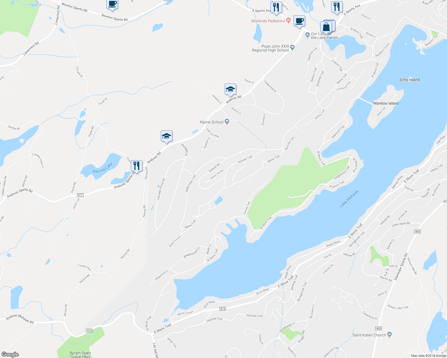 map of restaurants, bars, coffee shops, grocery stores, and more near 137 Summit Road in Sparta Township