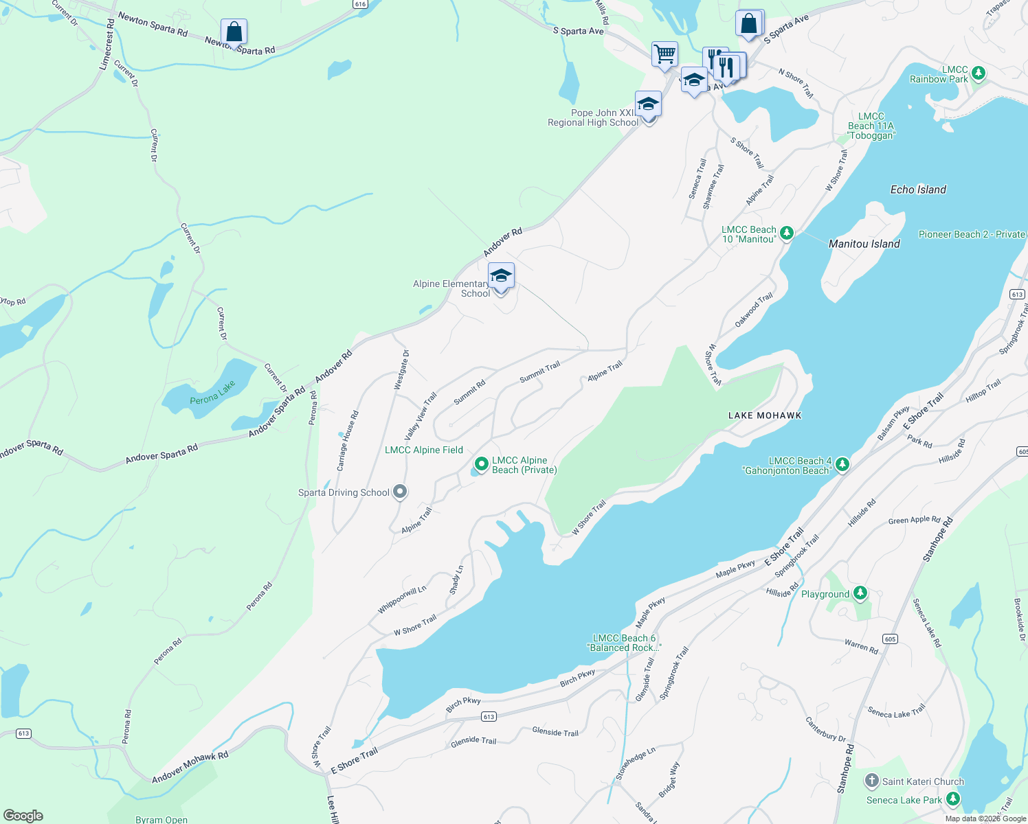 map of restaurants, bars, coffee shops, grocery stores, and more near 10 Summit Terrace in Sparta