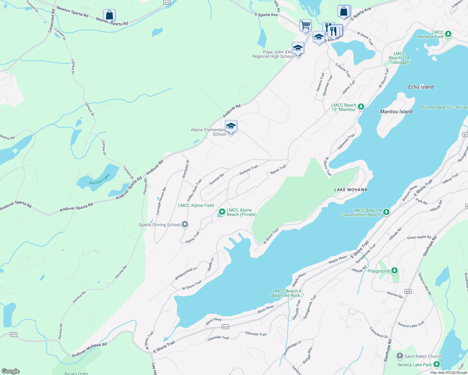 map of restaurants, bars, coffee shops, grocery stores, and more near 10 Summit Terrace in Sparta