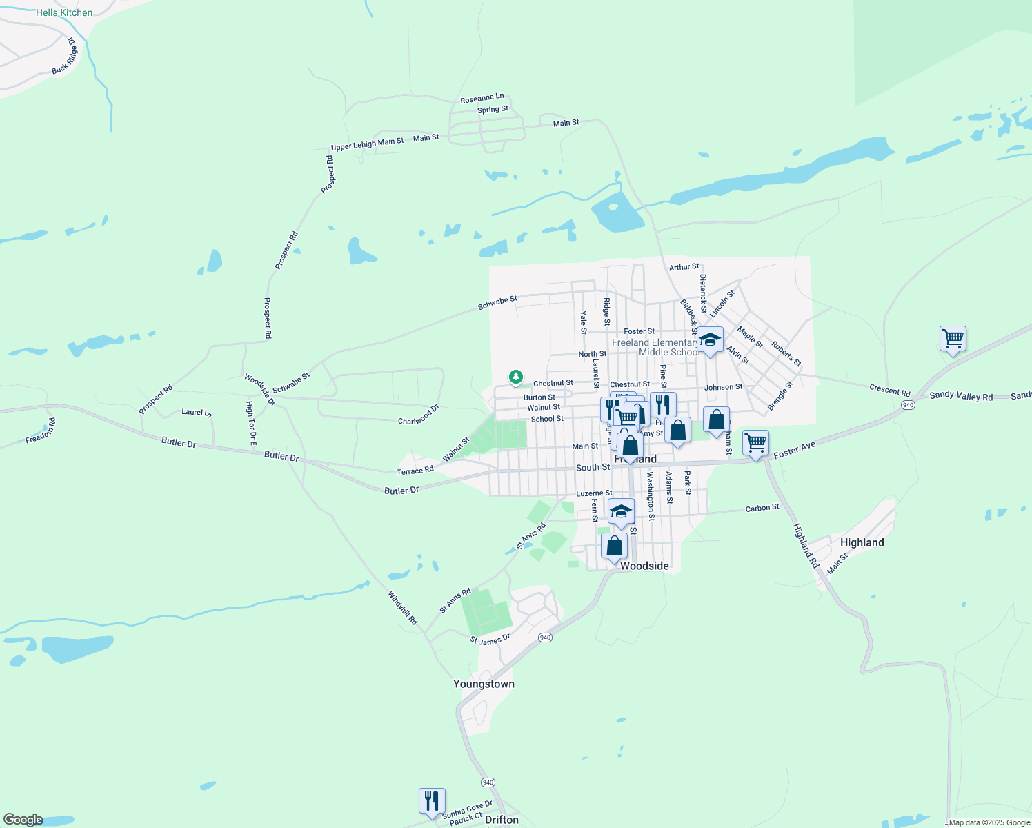 map of restaurants, bars, coffee shops, grocery stores, and more near 1232 Walnut St in Freeland