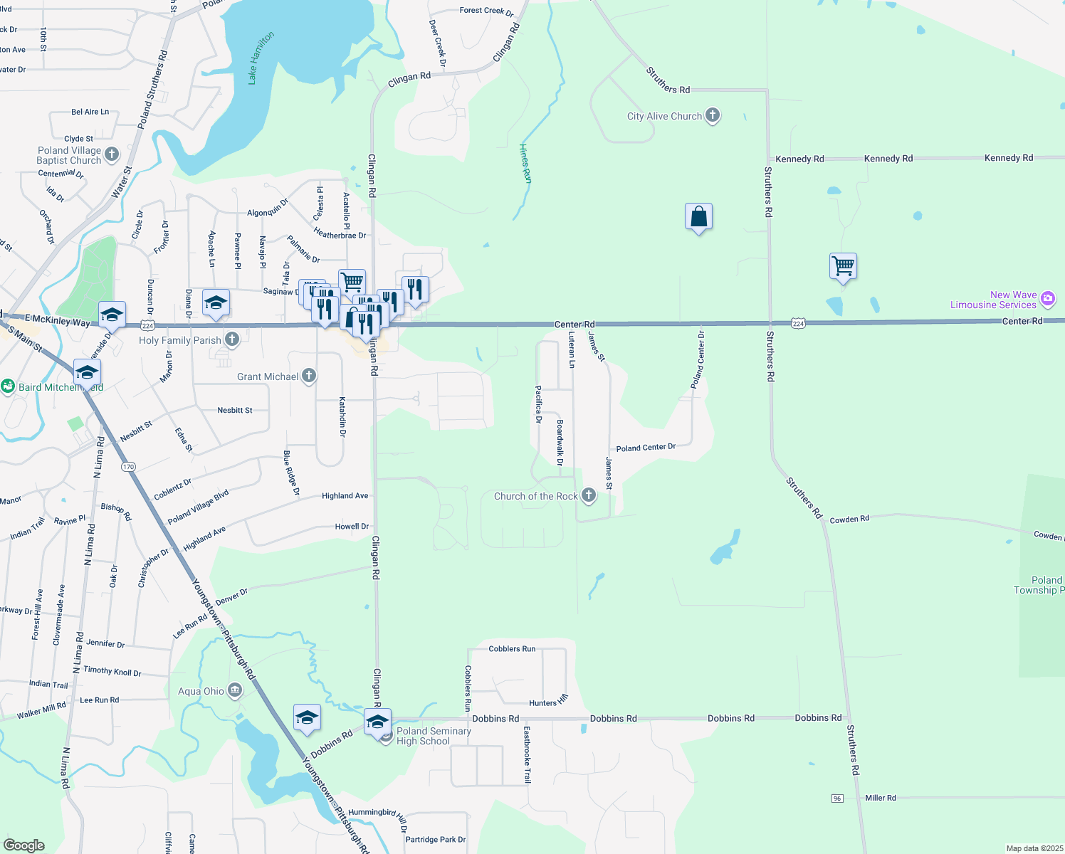map of restaurants, bars, coffee shops, grocery stores, and more near 6784 Pacifica Drive in Youngstown