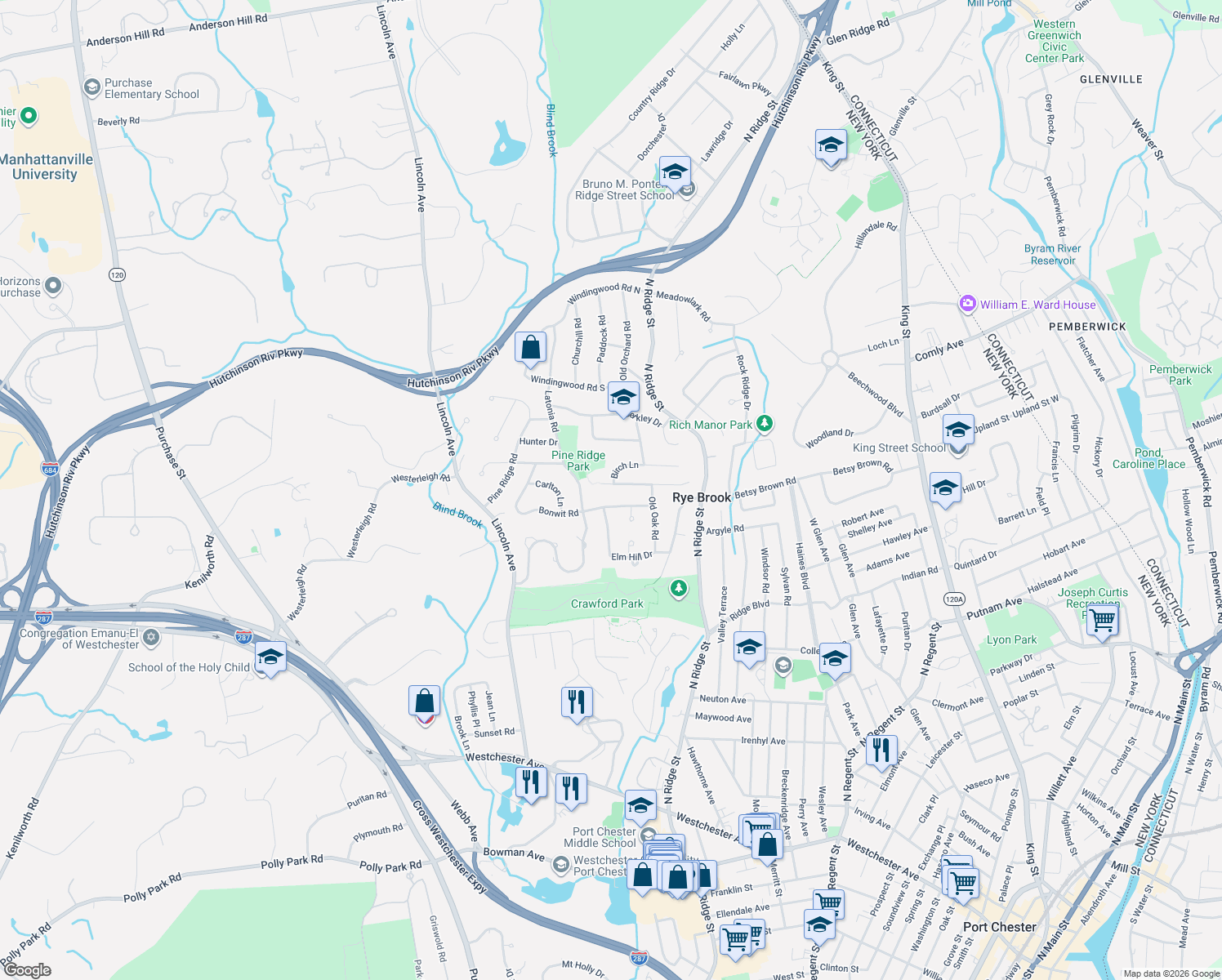 map of restaurants, bars, coffee shops, grocery stores, and more near 6 Red Roof Drive in Rye Brook