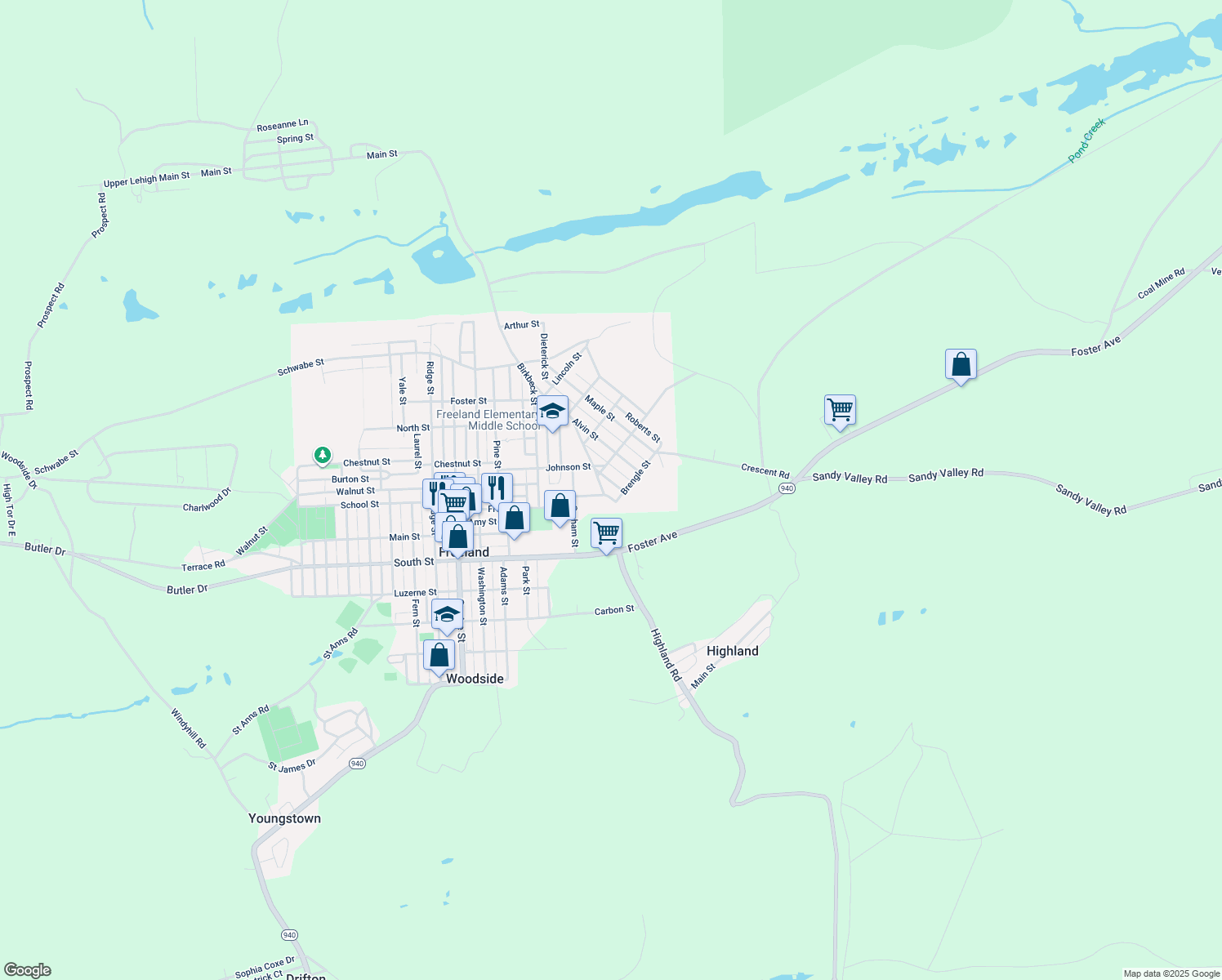 map of restaurants, bars, coffee shops, grocery stores, and more near 720 Ingham Street in Freeland
