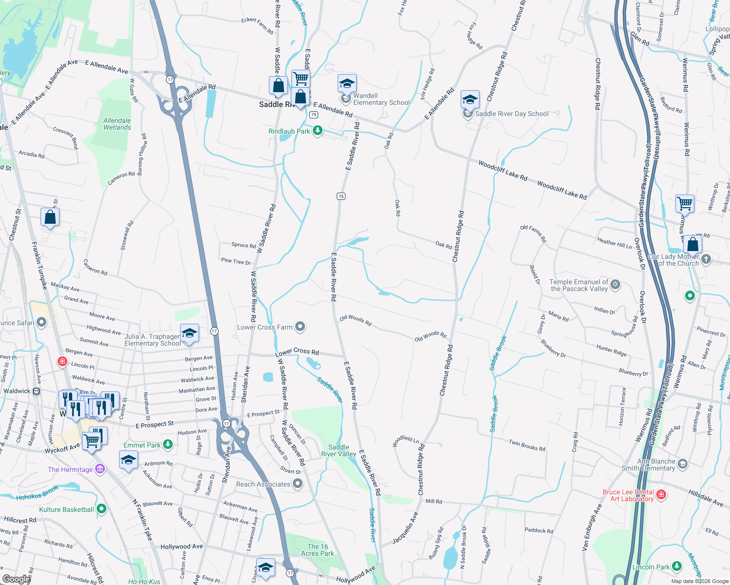 map of restaurants, bars, coffee shops, grocery stores, and more near 9 West Church Road in Saddle River