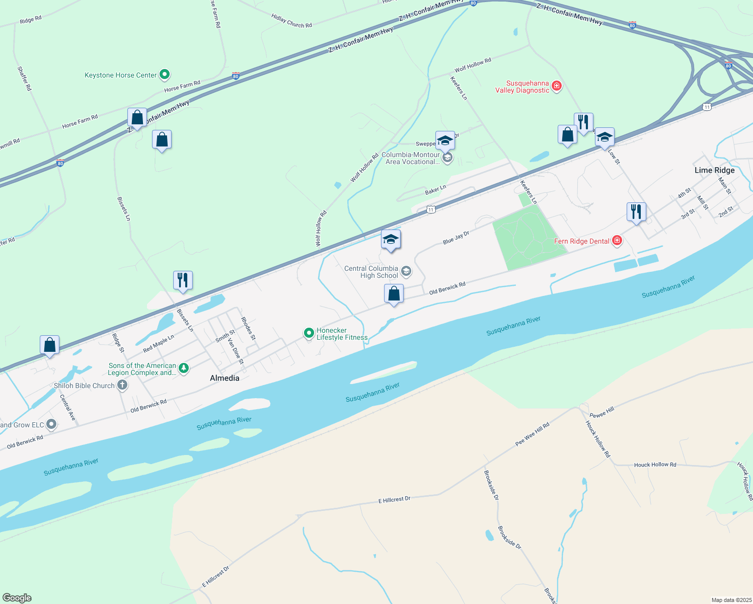 map of restaurants, bars, coffee shops, grocery stores, and more near 1113 Old Berwick Rd in Bloomsburg