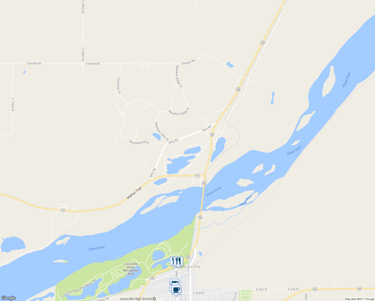 map of restaurants, bars, coffee shops, grocery stores, and more near 20850 Nebraska 50 in Springfield