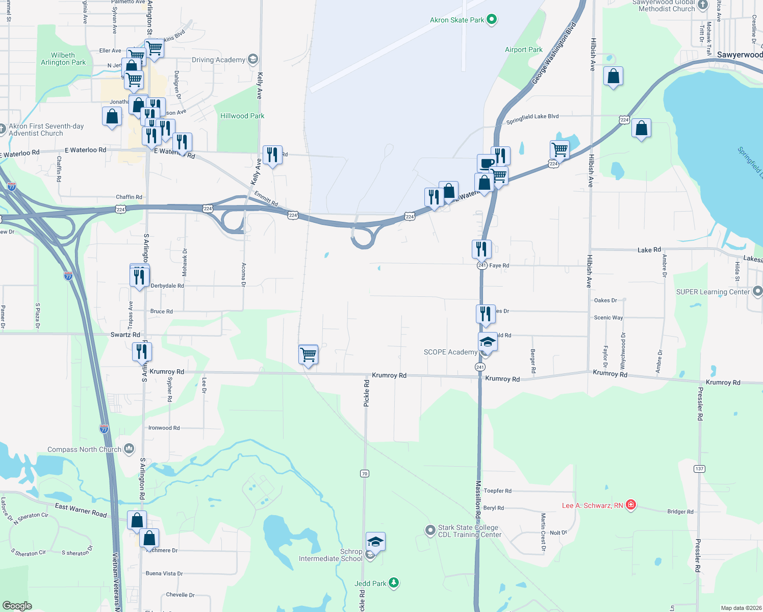 map of restaurants, bars, coffee shops, grocery stores, and more near 1566 Woods Road in Akron