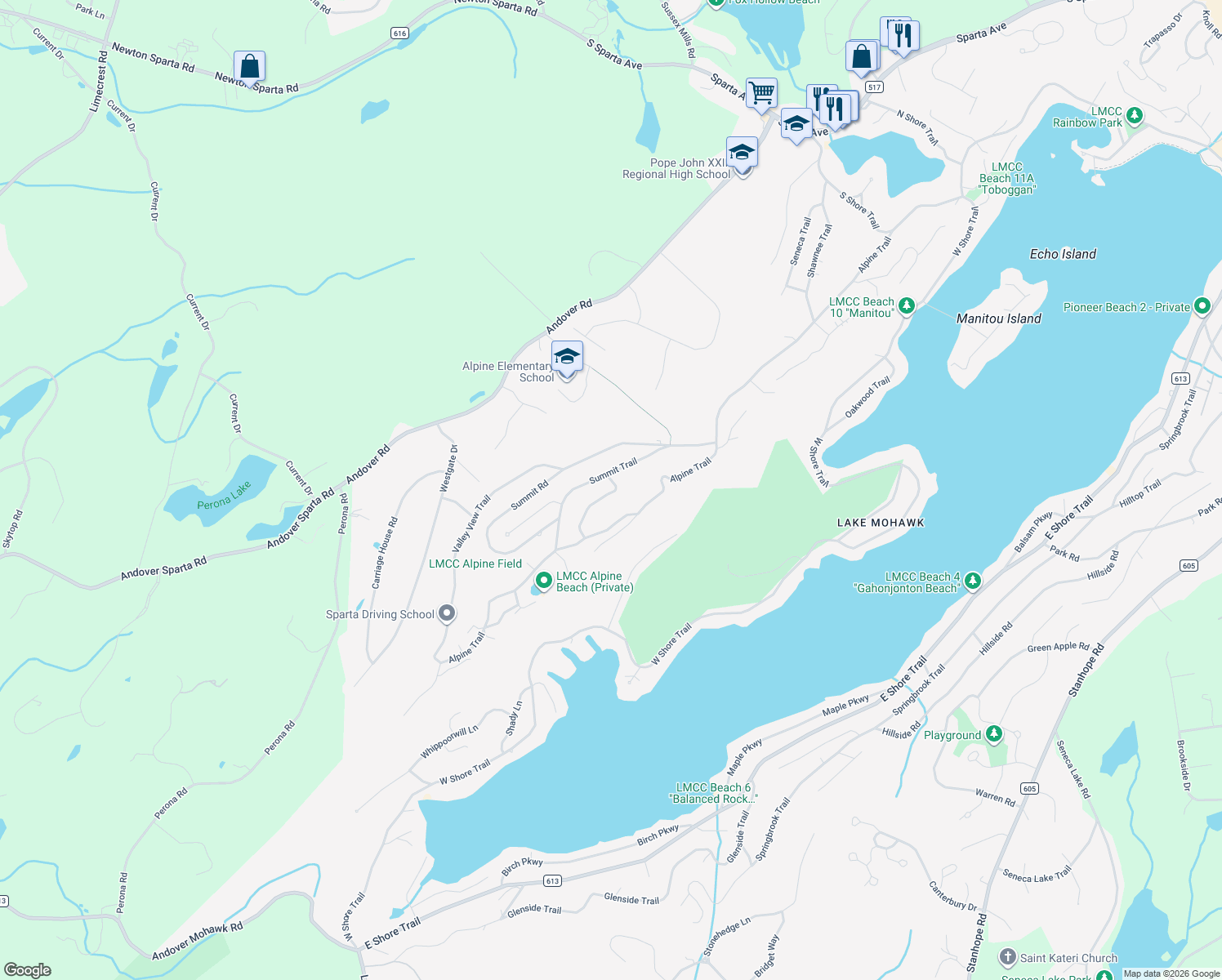 map of restaurants, bars, coffee shops, grocery stores, and more near 19 Summit Terrace in Sparta