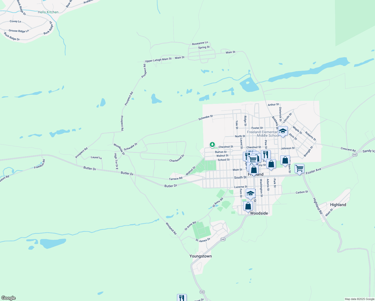 map of restaurants, bars, coffee shops, grocery stores, and more near 100 Charlwood Drive in Freeland