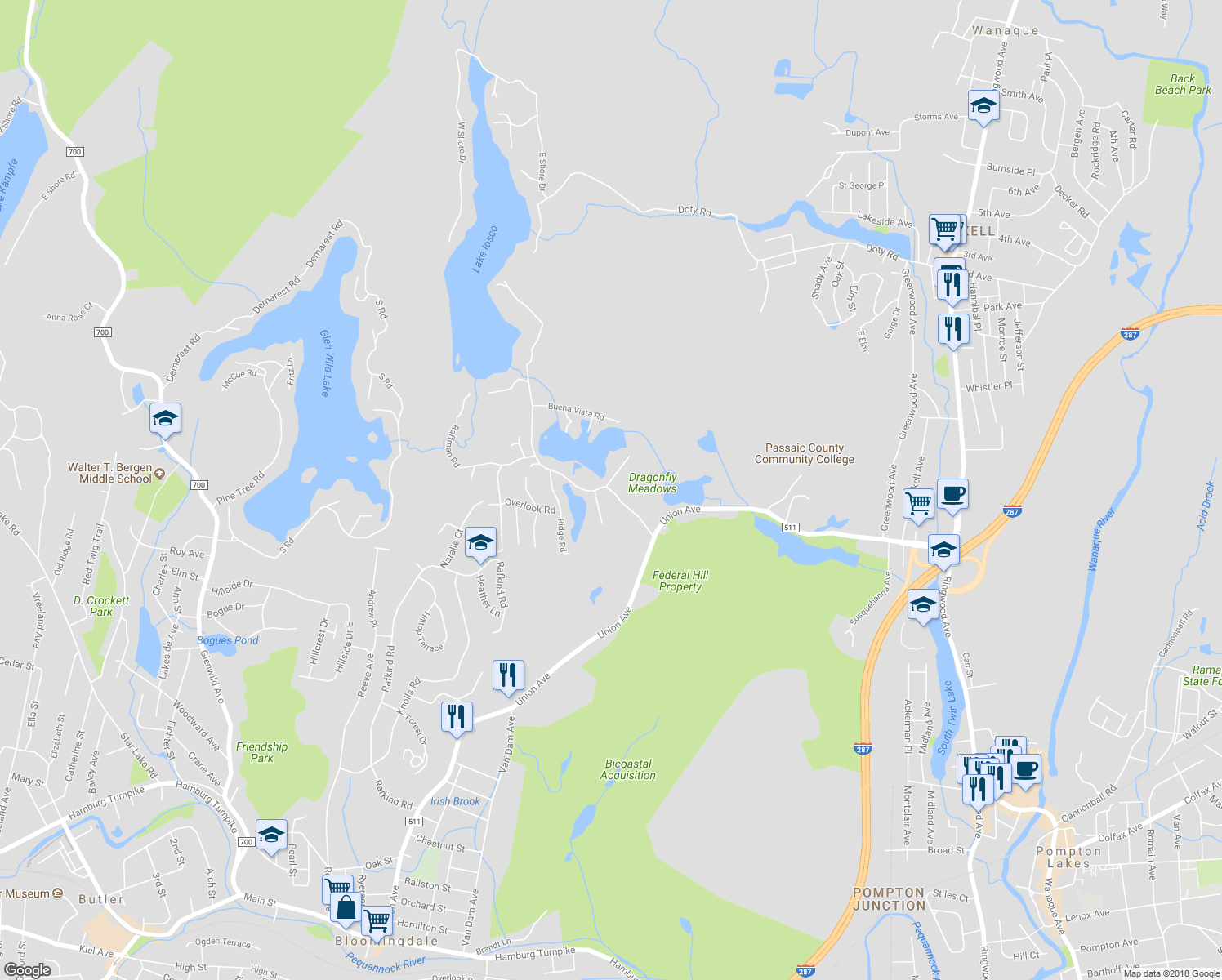 map of restaurants, bars, coffee shops, grocery stores, and more near 42 Morse Lakes Road in Bloomingdale