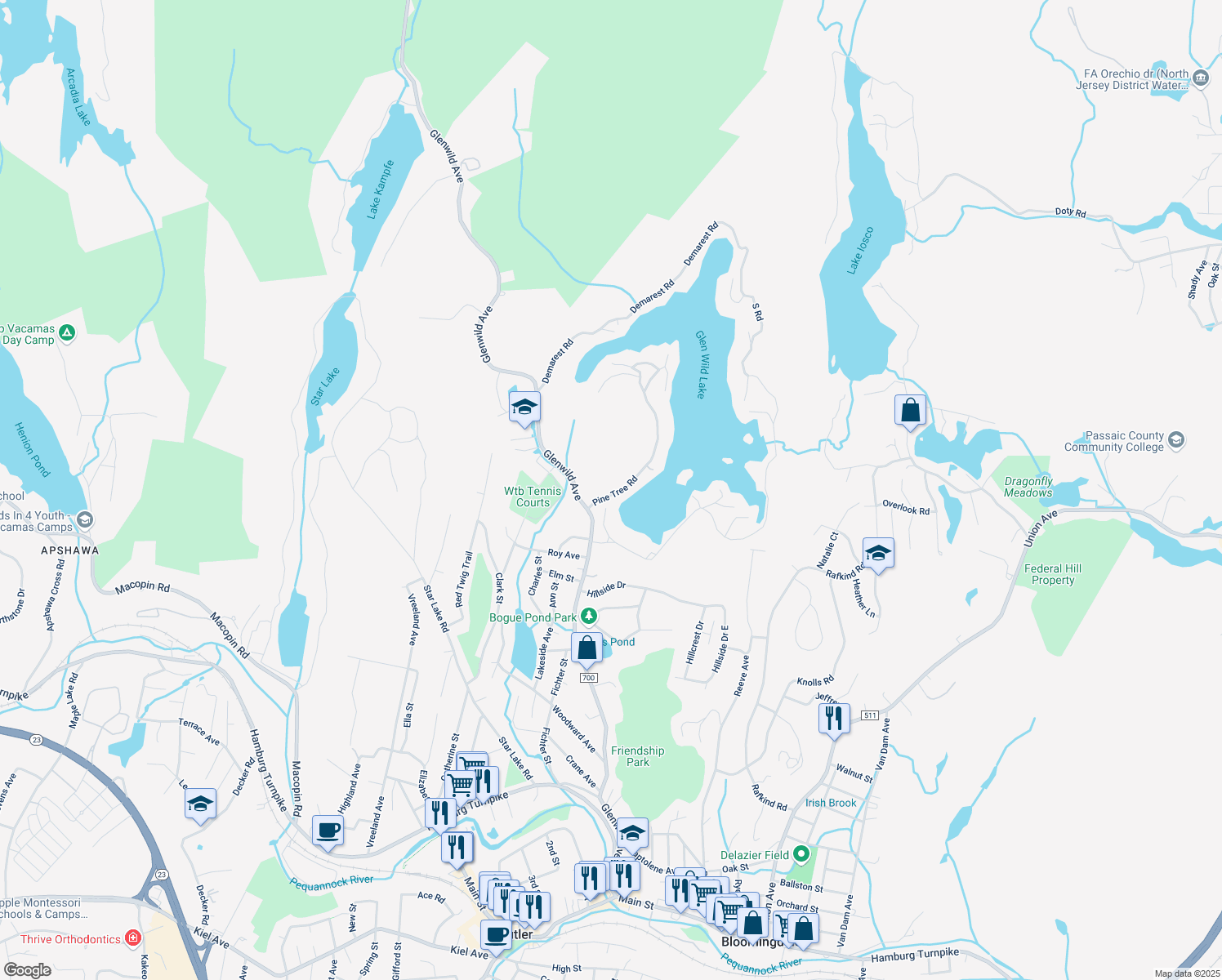 map of restaurants, bars, coffee shops, grocery stores, and more near 141 Pine Tree Rd in Bloomingdale