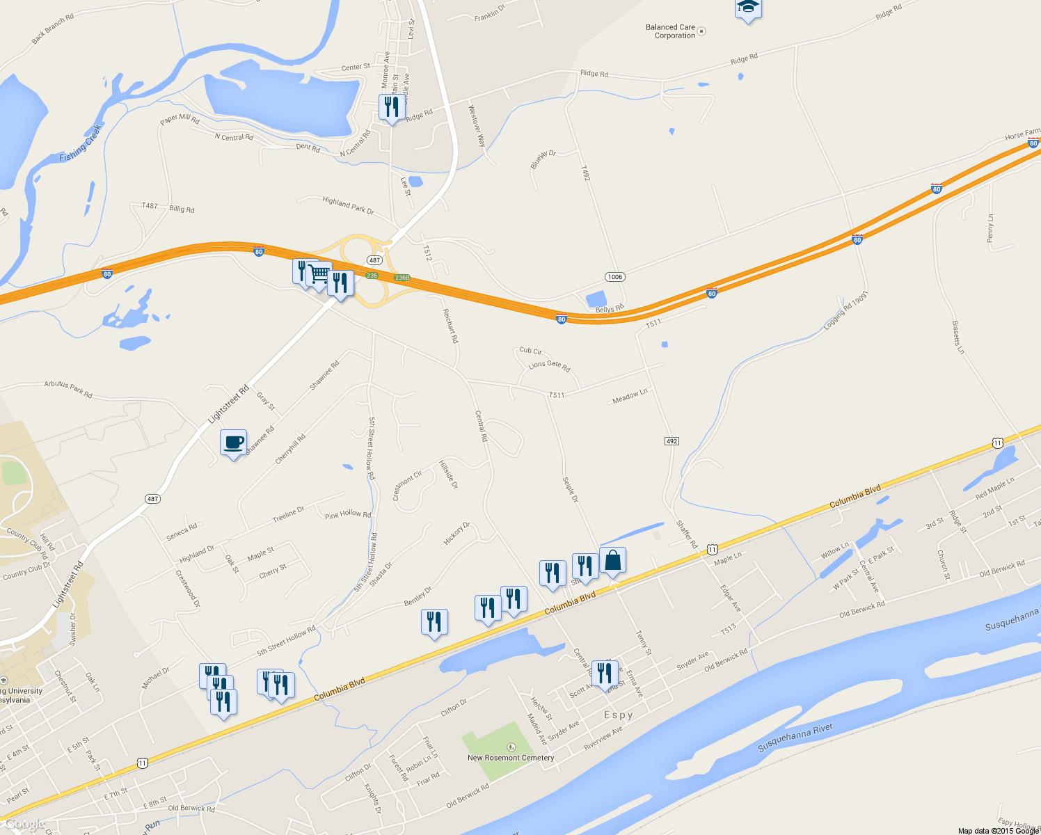 map of restaurants, bars, coffee shops, grocery stores, and more near Cythia Estates in Bloomsburg