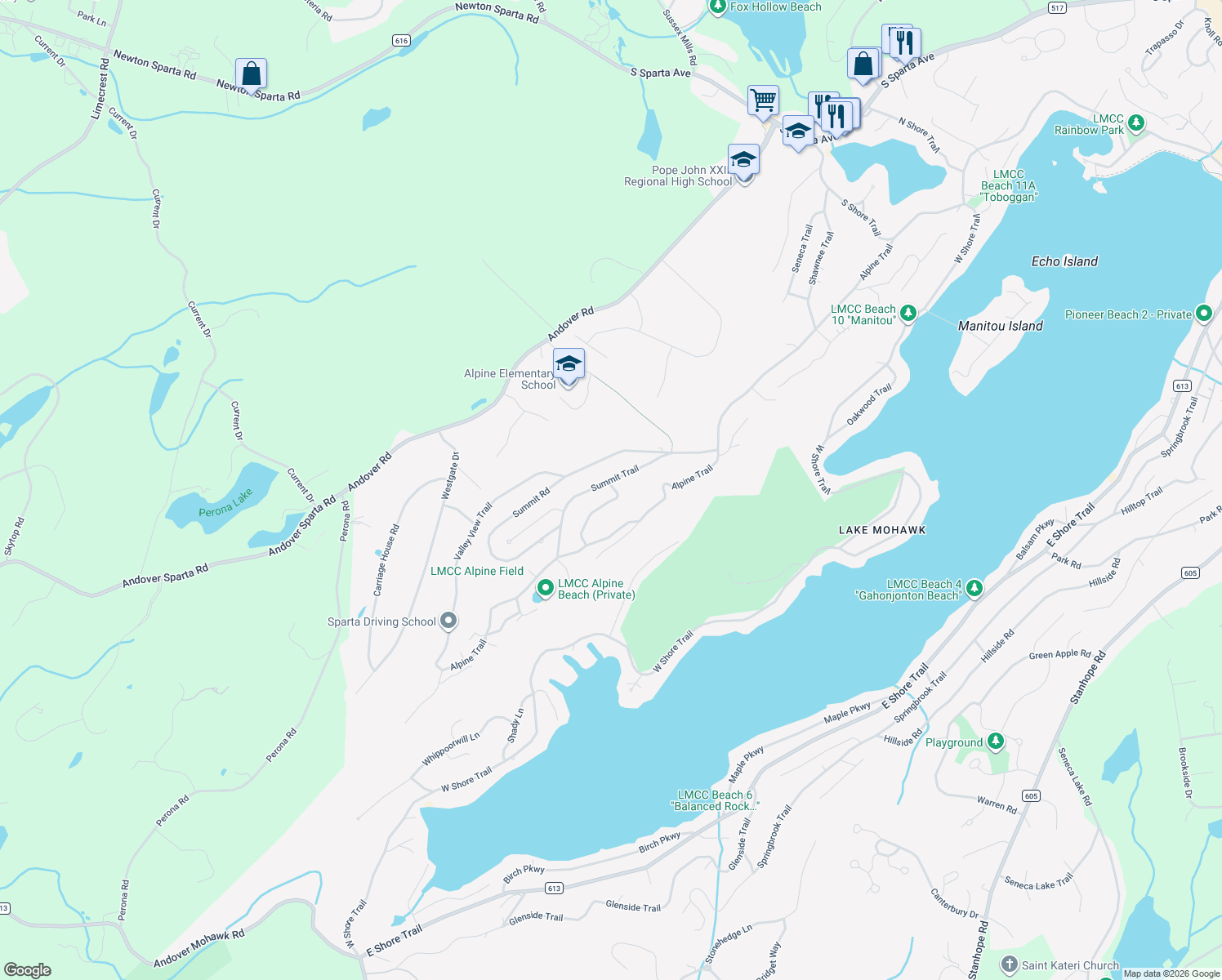 map of restaurants, bars, coffee shops, grocery stores, and more near 48 Summit Trail in Sparta