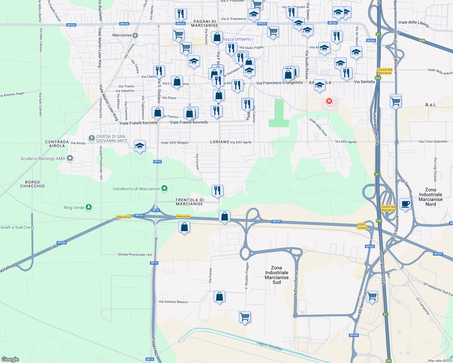 map of restaurants, bars, coffee shops, grocery stores, and more near 6 Via Perugia in Marcianise
