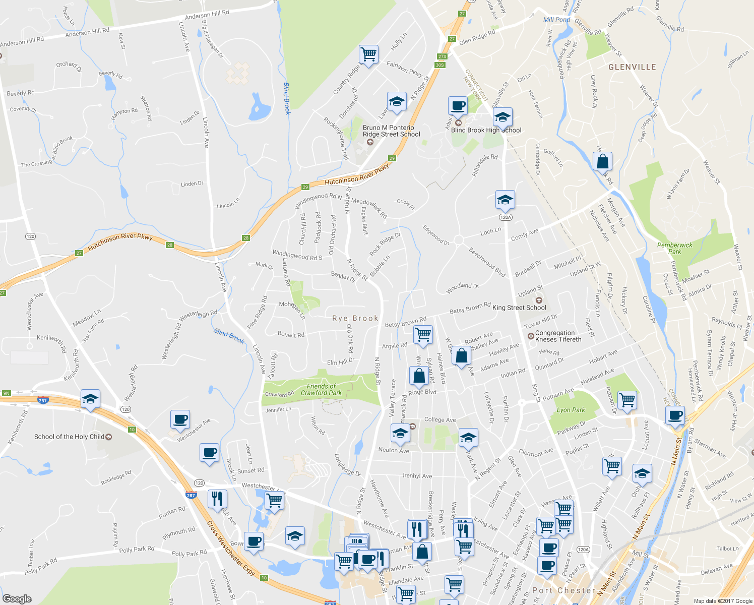 map of restaurants, bars, coffee shops, grocery stores, and more near 202 North Ridge Street in Rye Brook