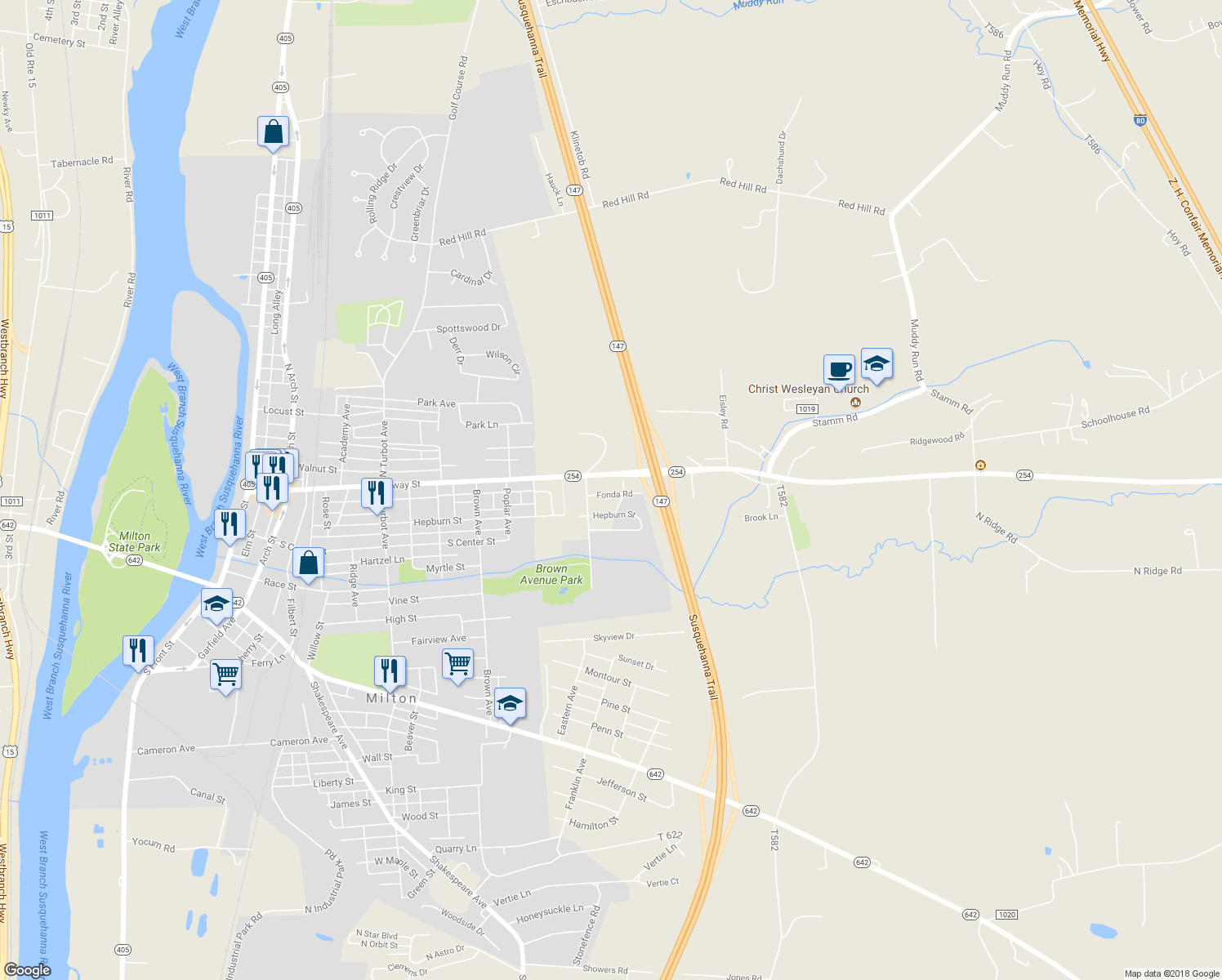 map of restaurants, bars, coffee shops, grocery stores, and more near 967 Fonda Road in Milton