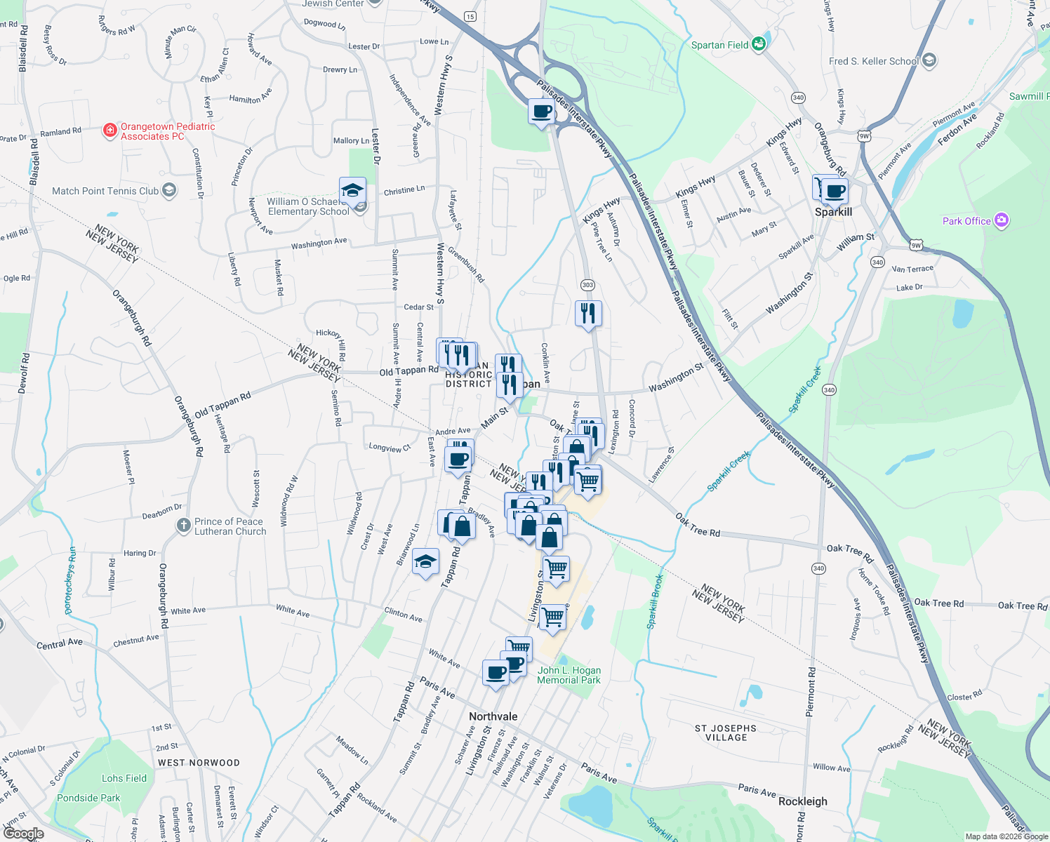 map of restaurants, bars, coffee shops, grocery stores, and more near 27 Oak Tree Road in Tappan