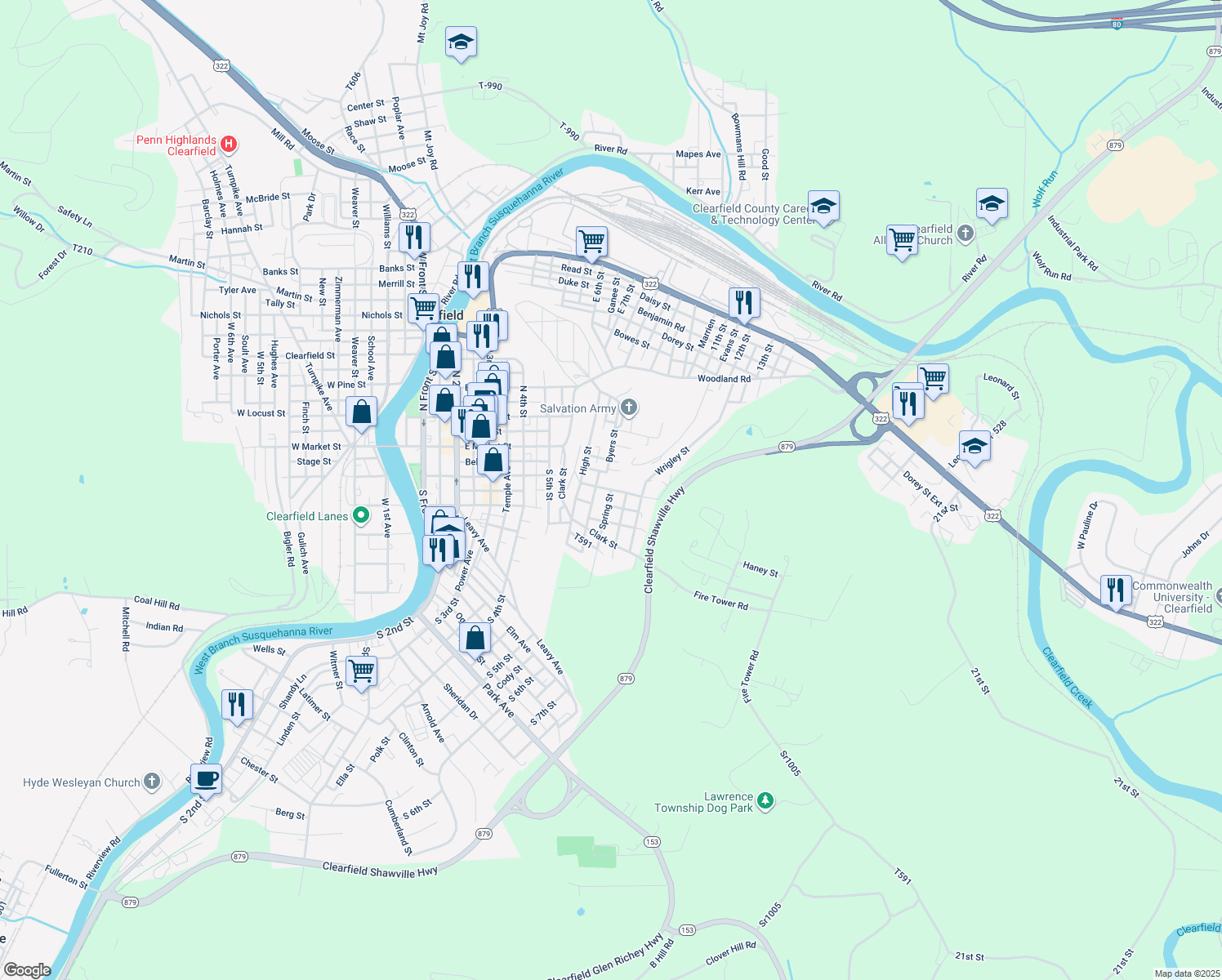 map of restaurants, bars, coffee shops, grocery stores, and more near Hill Street in Clearfield