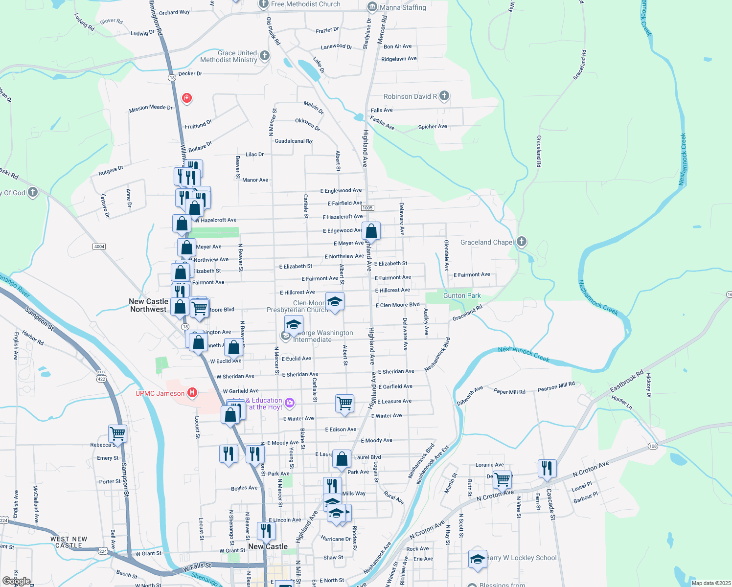 map of restaurants, bars, coffee shops, grocery stores, and more near 1811 Highland Ave in New Castle