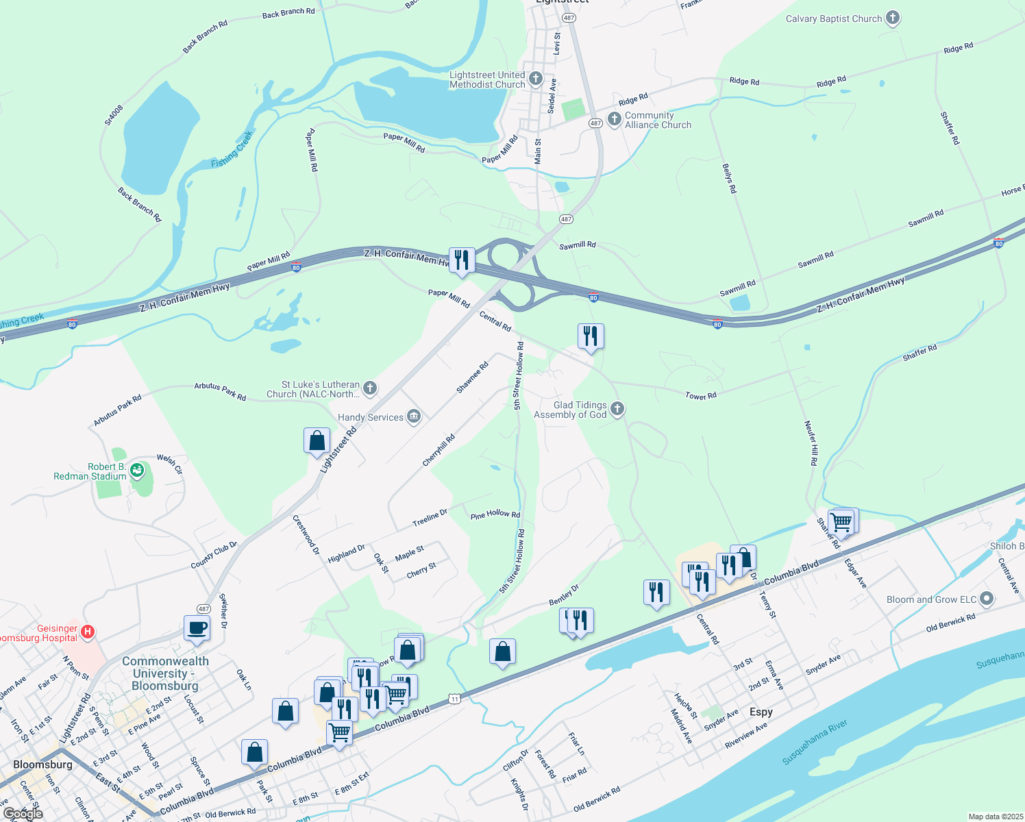 map of restaurants, bars, coffee shops, grocery stores, and more near 2021 5th Street Hollow Road in Bloomsburg