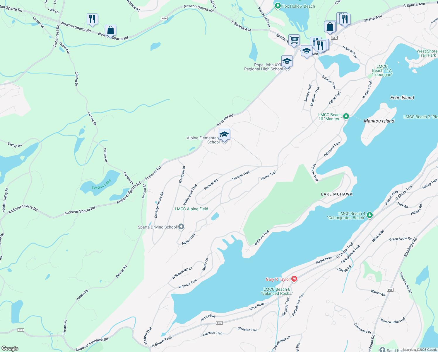 map of restaurants, bars, coffee shops, grocery stores, and more near 55 Summit Road in Sparta