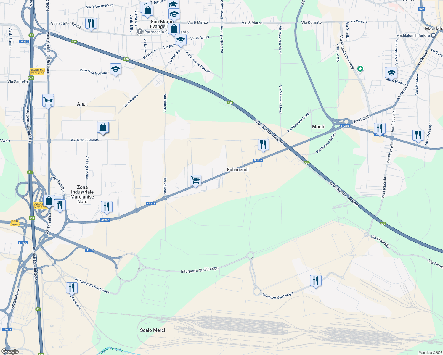 map of restaurants, bars, coffee shops, grocery stores, and more near Via Napoli in Saliscendi