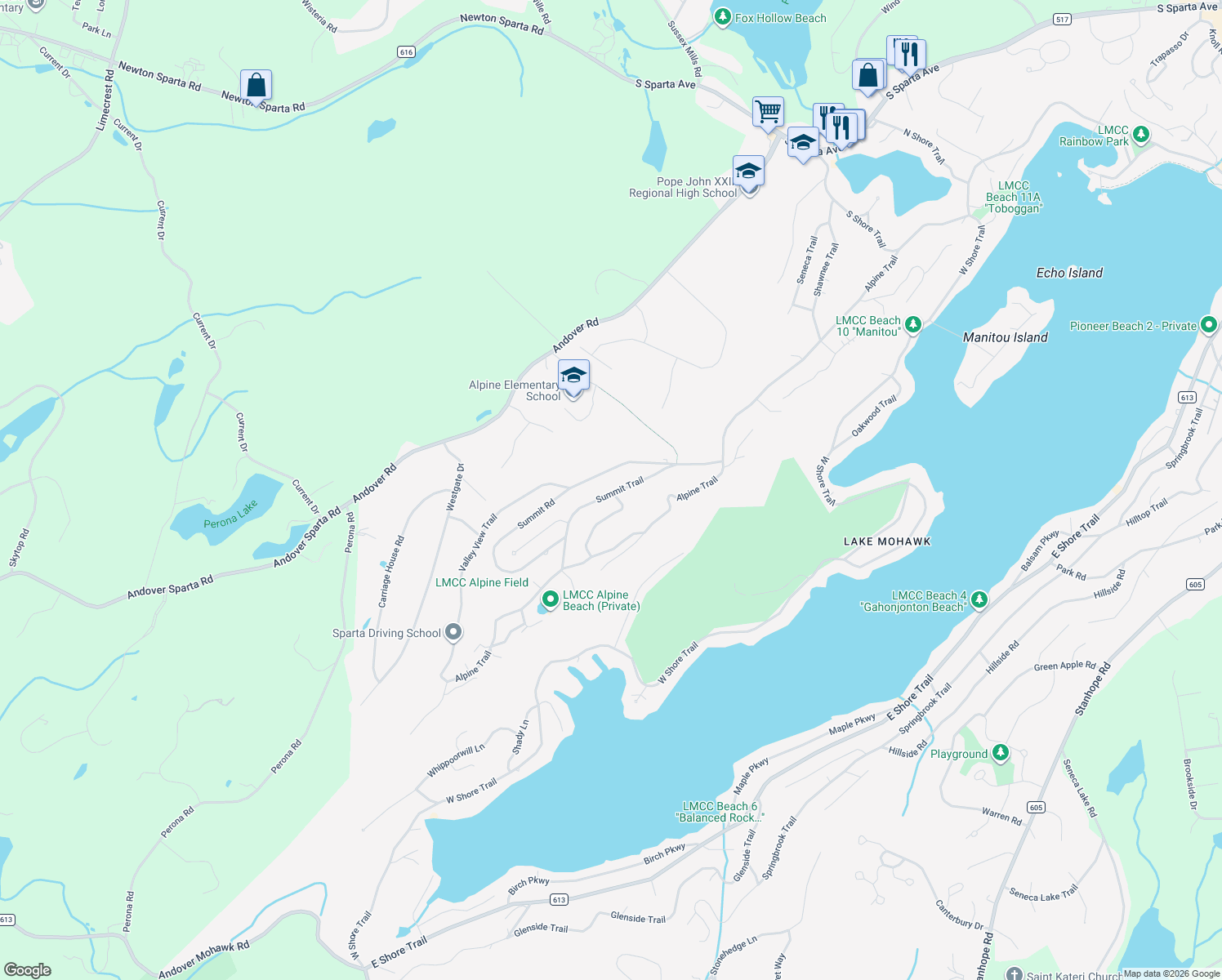 map of restaurants, bars, coffee shops, grocery stores, and more near 48 Summit Trail in Sparta