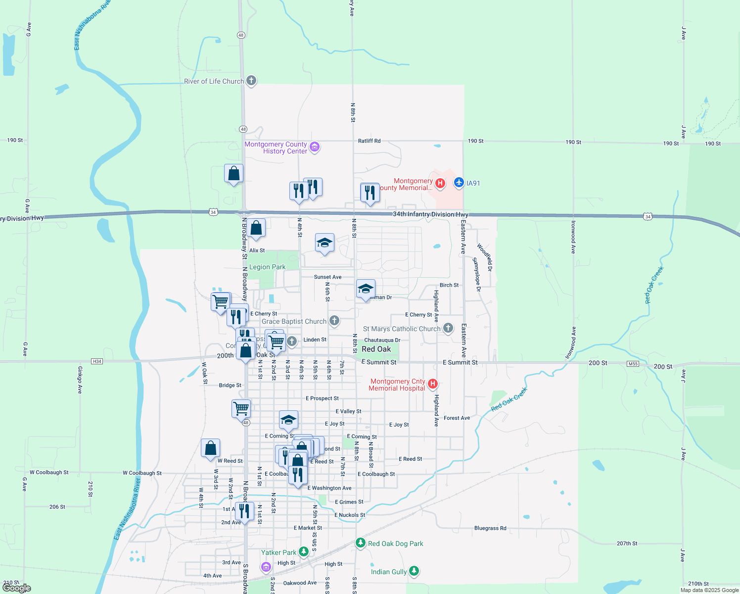 map of restaurants, bars, coffee shops, grocery stores, and more near 1207 Inman Drive in Red Oak
