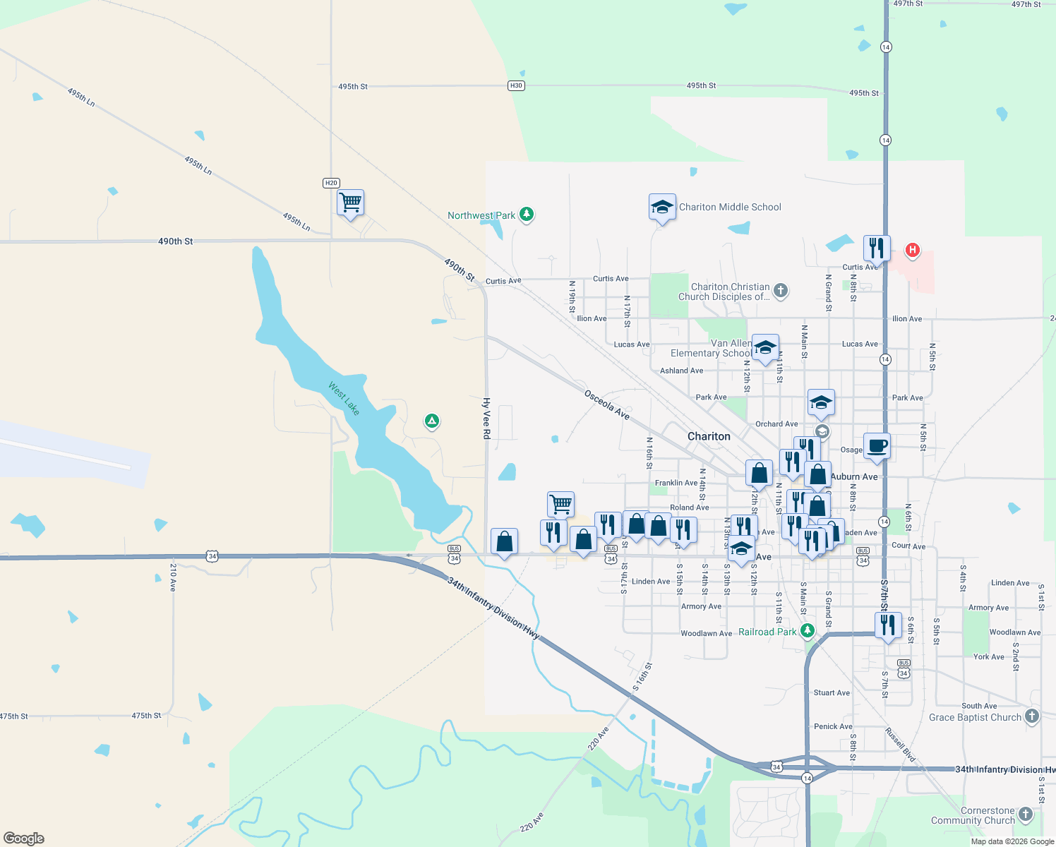 map of restaurants, bars, coffee shops, grocery stores, and more near 500 Hy Vee Road in Chariton