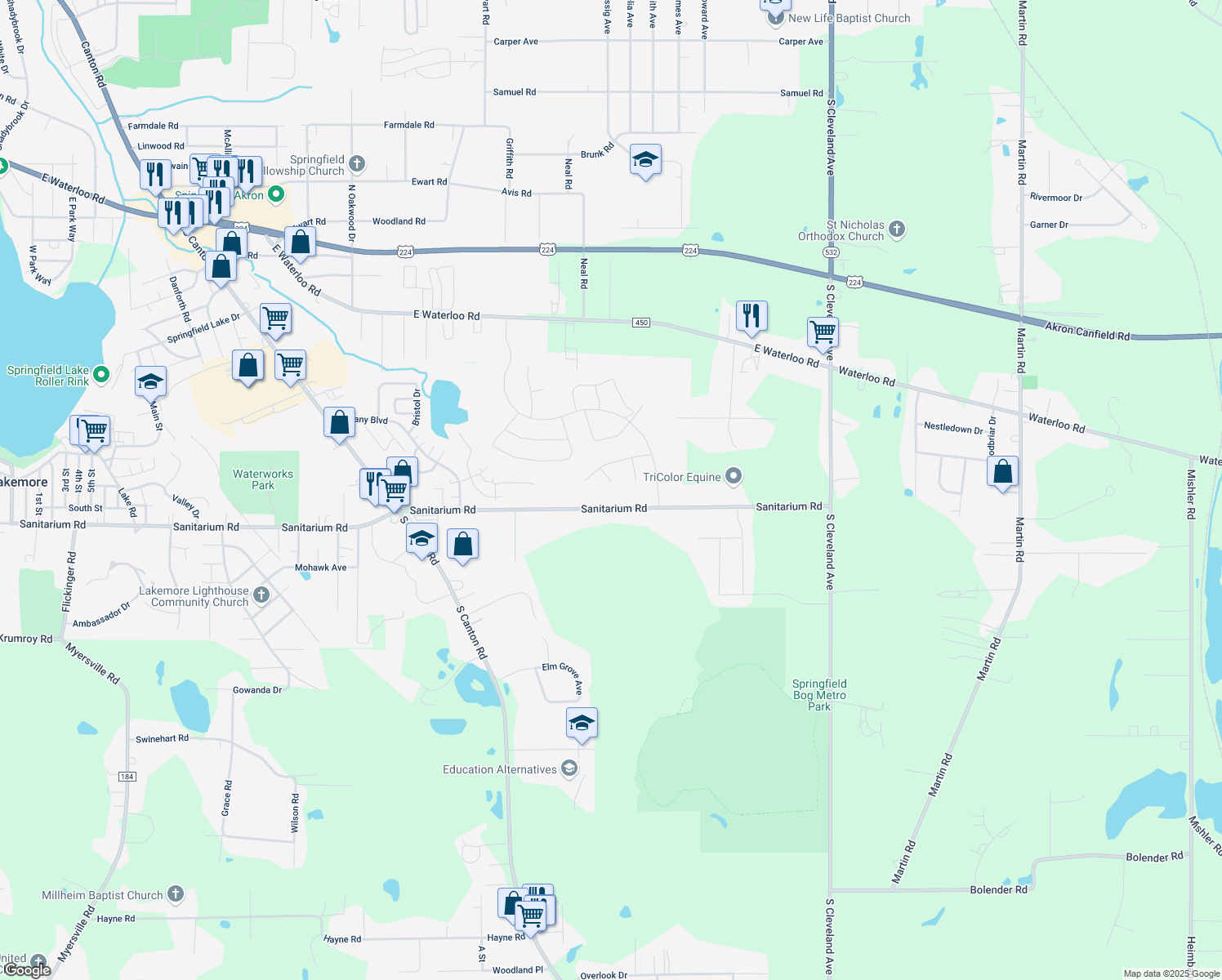 map of restaurants, bars, coffee shops, grocery stores, and more near 1154 Eaton Dr in Akron