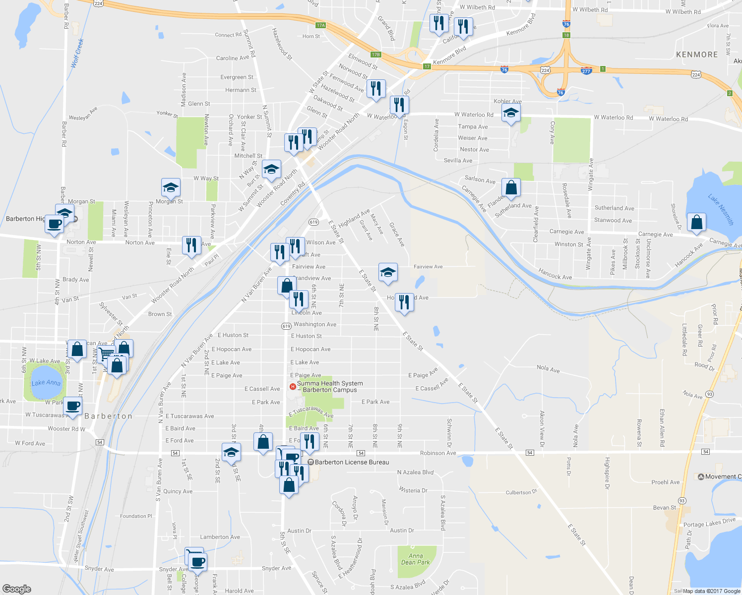 map of restaurants, bars, coffee shops, grocery stores, and more near 651 Franklin Avenue in Barberton
