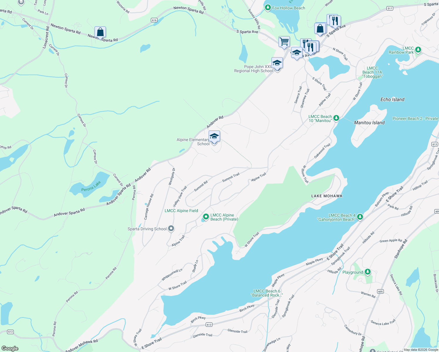 map of restaurants, bars, coffee shops, grocery stores, and more near 38 Summit Road in Sparta