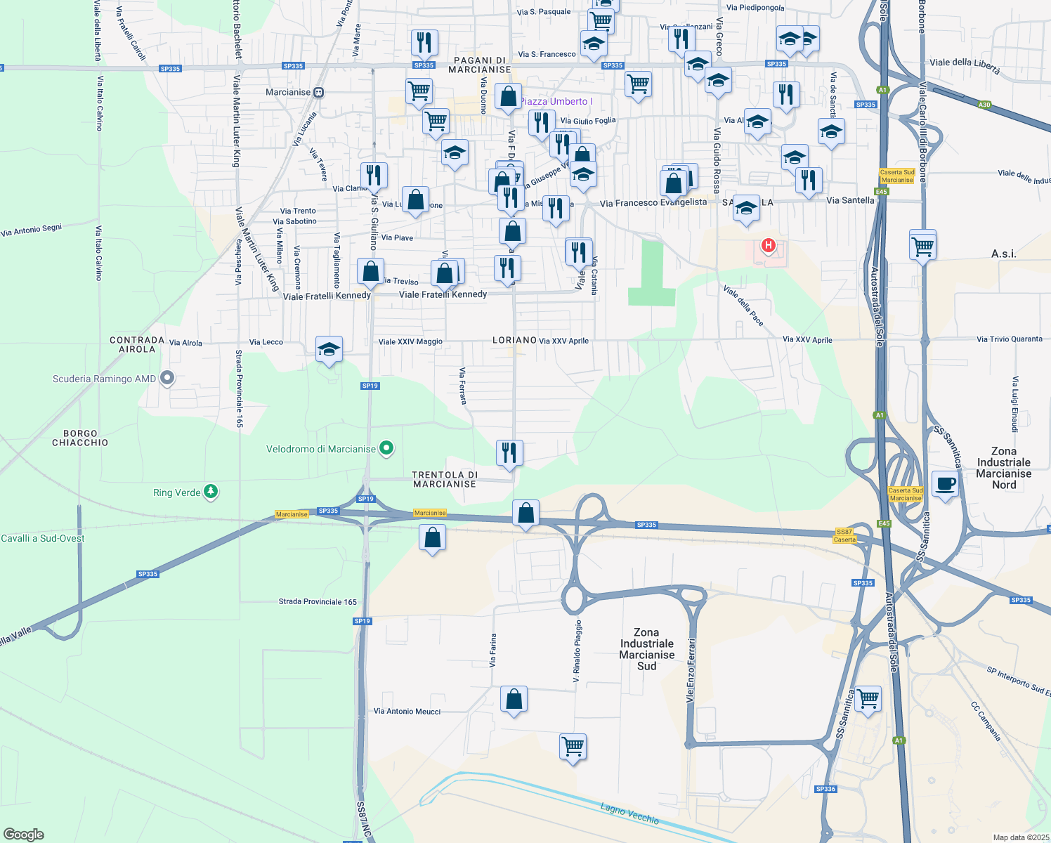 map of restaurants, bars, coffee shops, grocery stores, and more near 6 Via Perugia in Marcianise