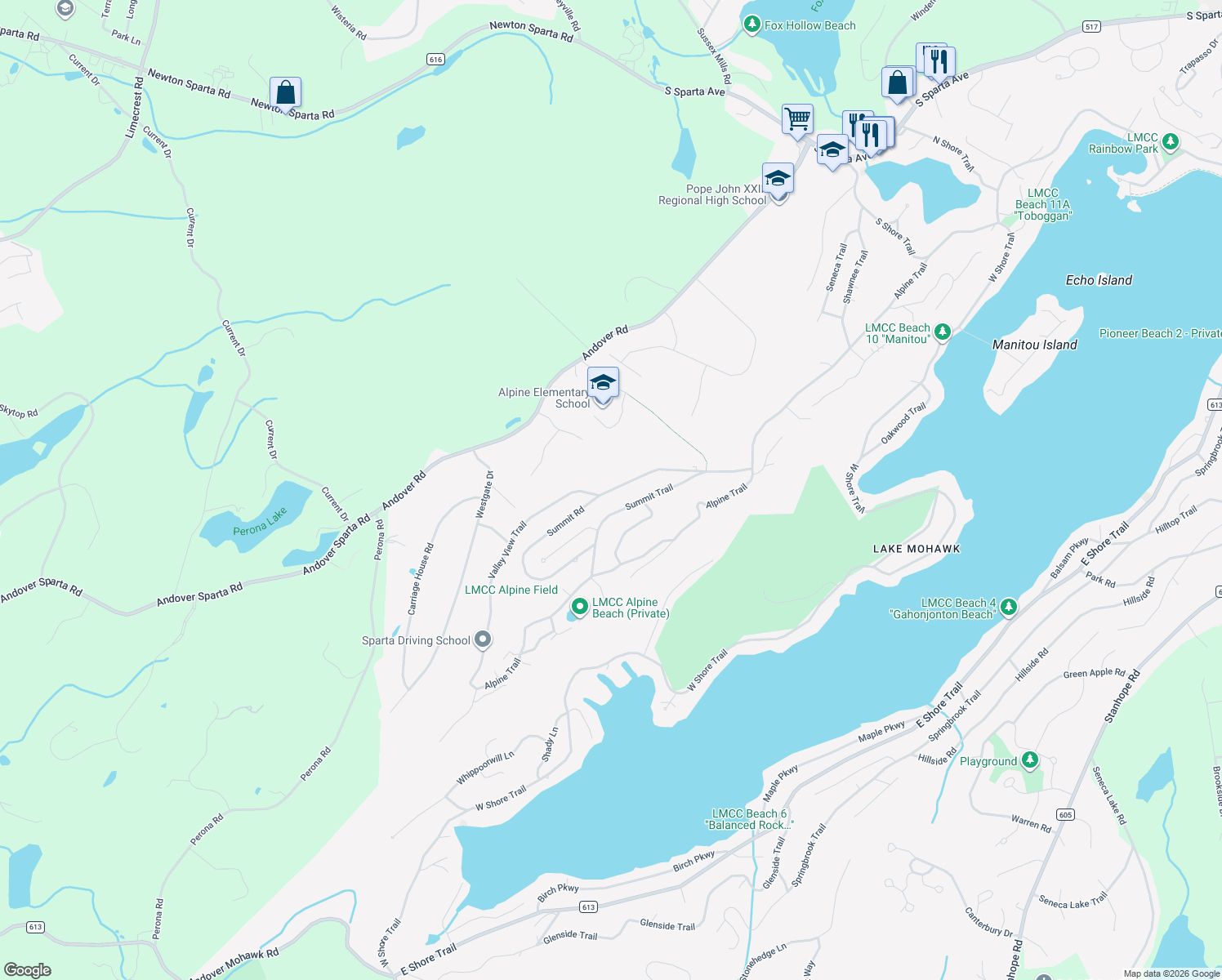 map of restaurants, bars, coffee shops, grocery stores, and more near 38 Summit Road in Sparta