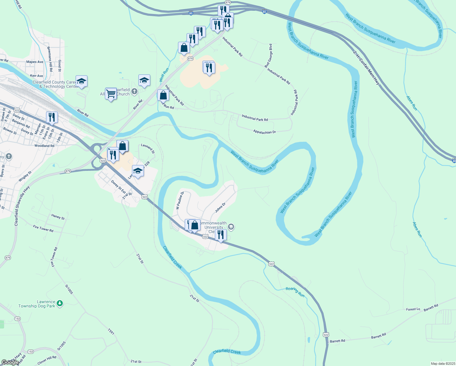 map of restaurants, bars, coffee shops, grocery stores, and more near 240 Charles Road in Clearfield