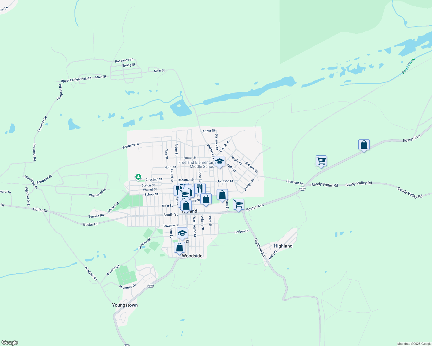 map of restaurants, bars, coffee shops, grocery stores, and more near 931 Birkbeck Street in Freeland