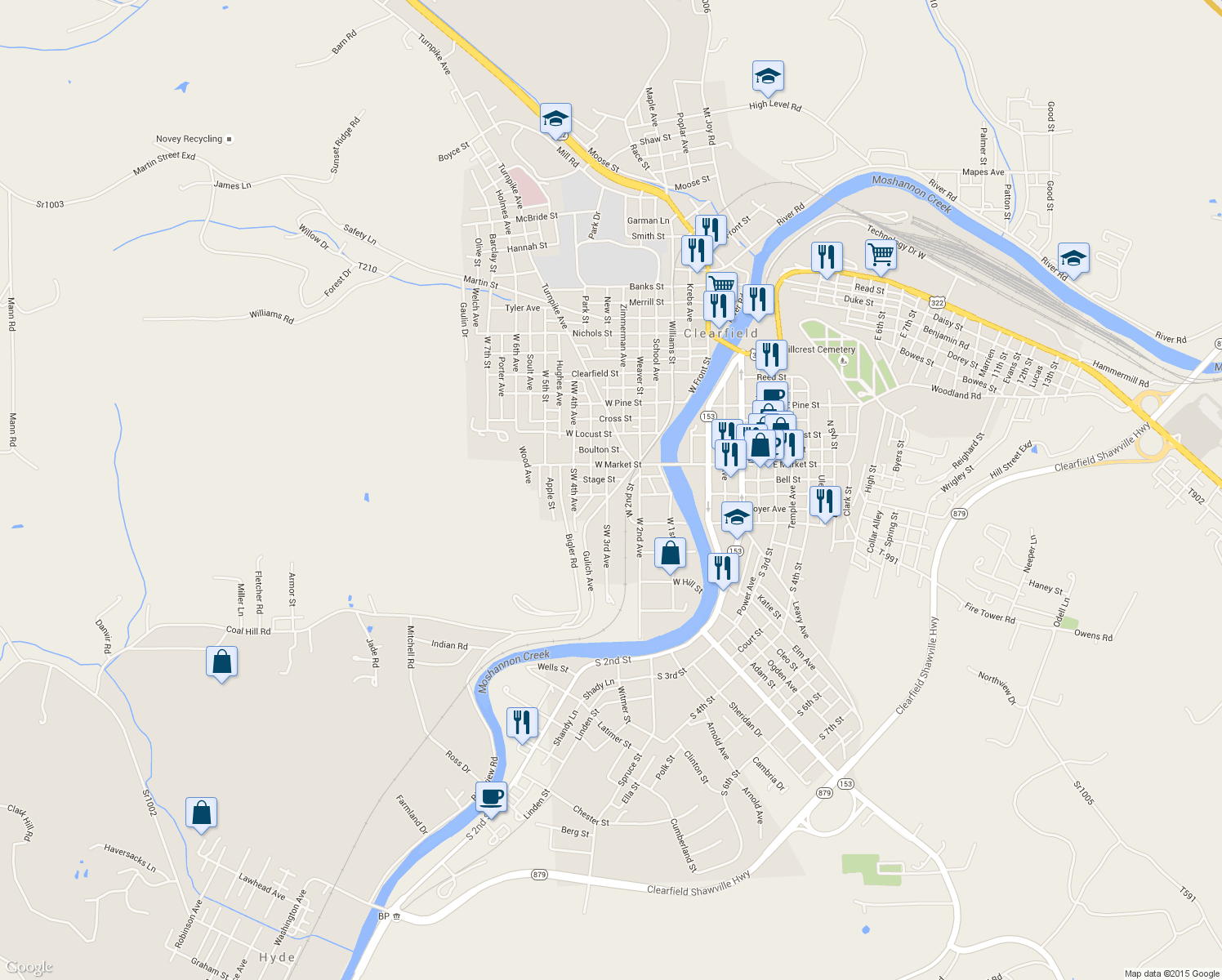 map of restaurants, bars, coffee shops, grocery stores, and more near 15 Gulich Avenue in Clearfield