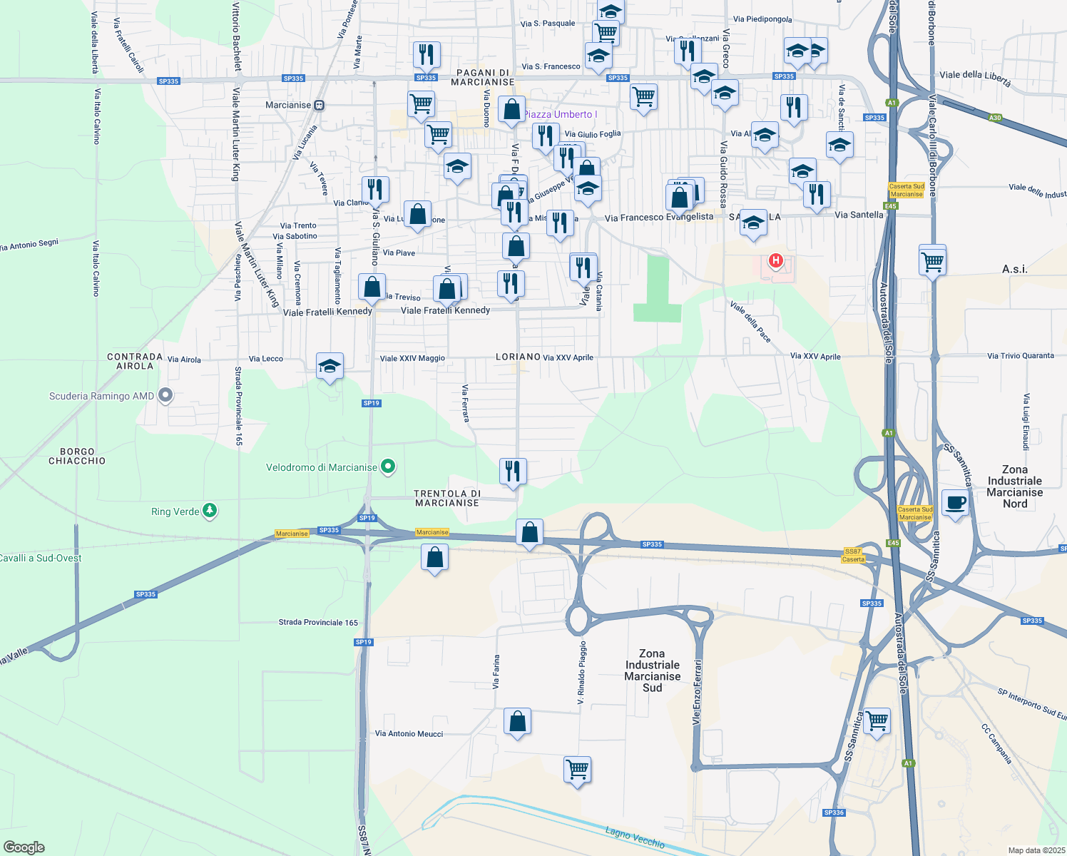 map of restaurants, bars, coffee shops, grocery stores, and more near 6 Via Perugia in Marcianise