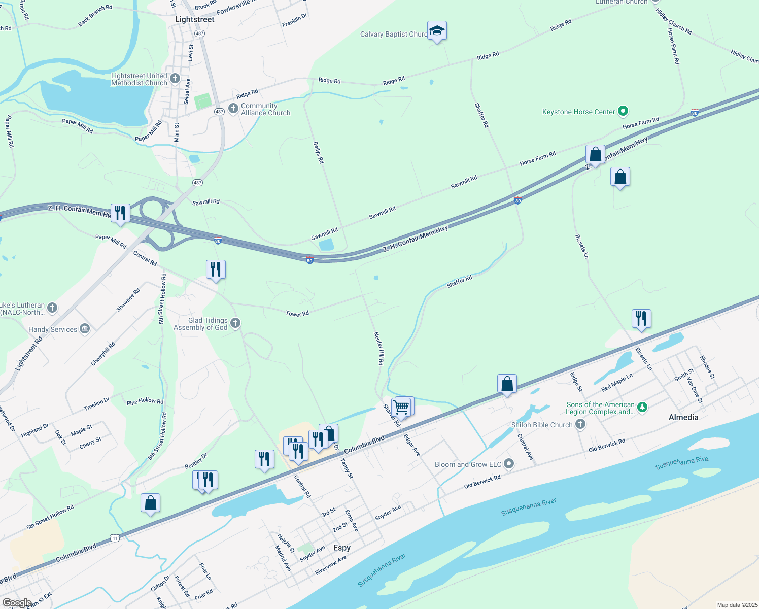 map of restaurants, bars, coffee shops, grocery stores, and more near 911 Neufer Hill Rd in Bloomsburg