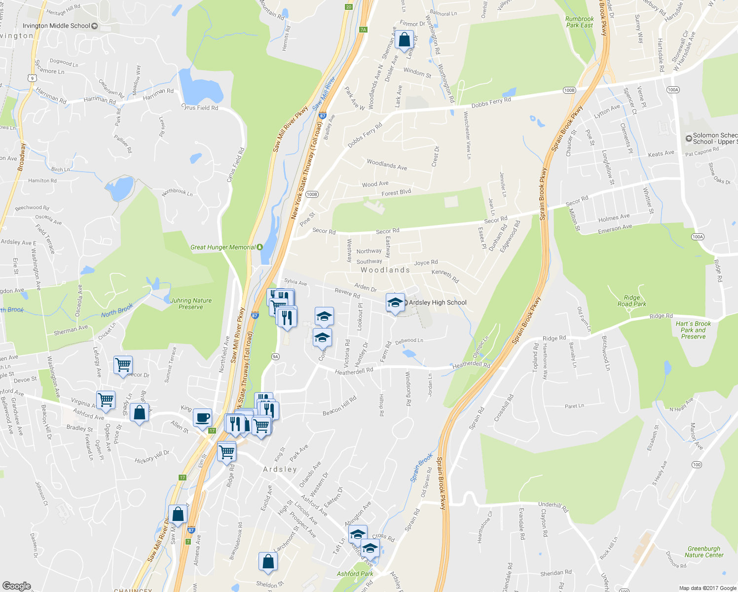 map of restaurants, bars, coffee shops, grocery stores, and more near 36 Revere Road in Ardsley