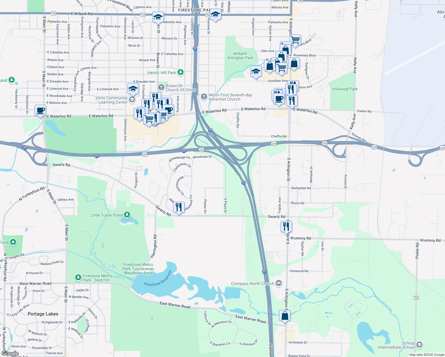 map of restaurants, bars, coffee shops, grocery stores, and more near 2042 South Plaza Drive in Akron
