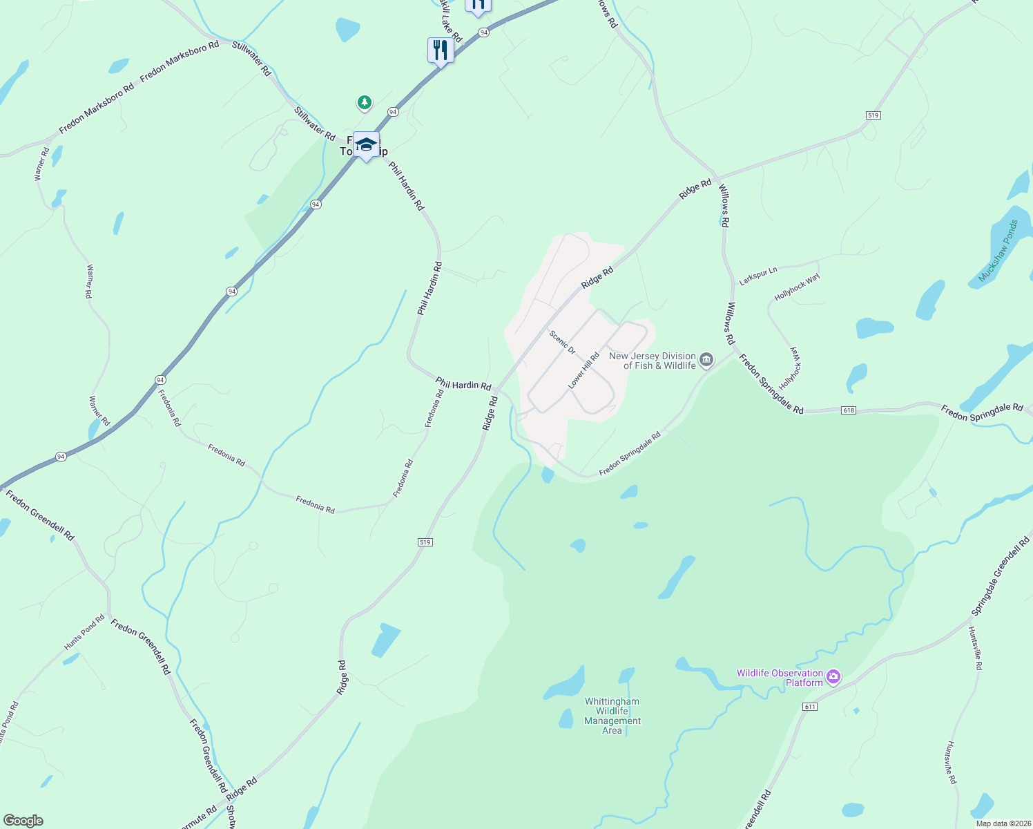 map of restaurants, bars, coffee shops, grocery stores, and more near 455 Ridge Road in Newton