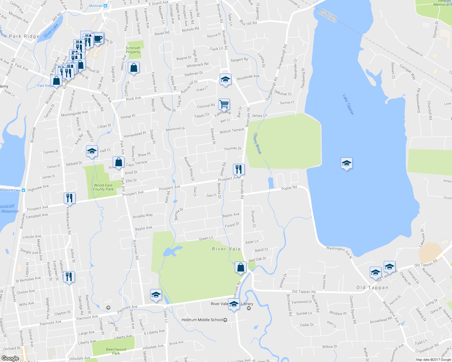 map of restaurants, bars, coffee shops, grocery stores, and more near 589 Prospect Avenue in River Vale