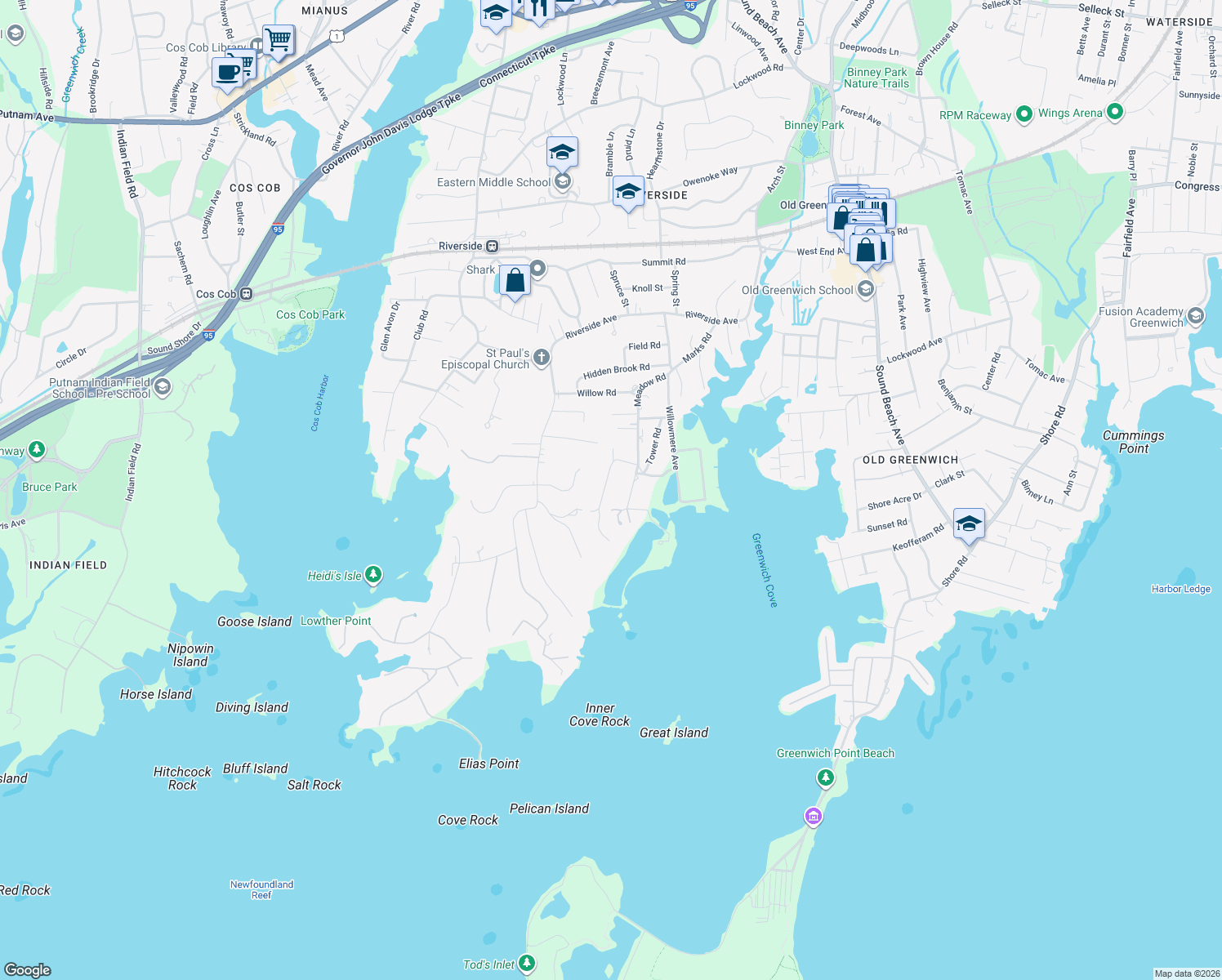 map of restaurants, bars, coffee shops, grocery stores, and more near 34 Grosset Road in Greenwich