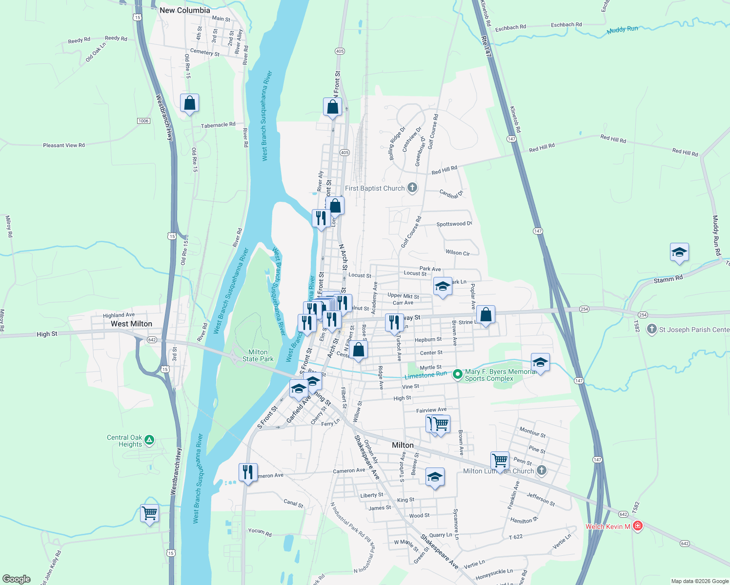 map of restaurants, bars, coffee shops, grocery stores, and more near 100-198 Upper Market Street in Milton