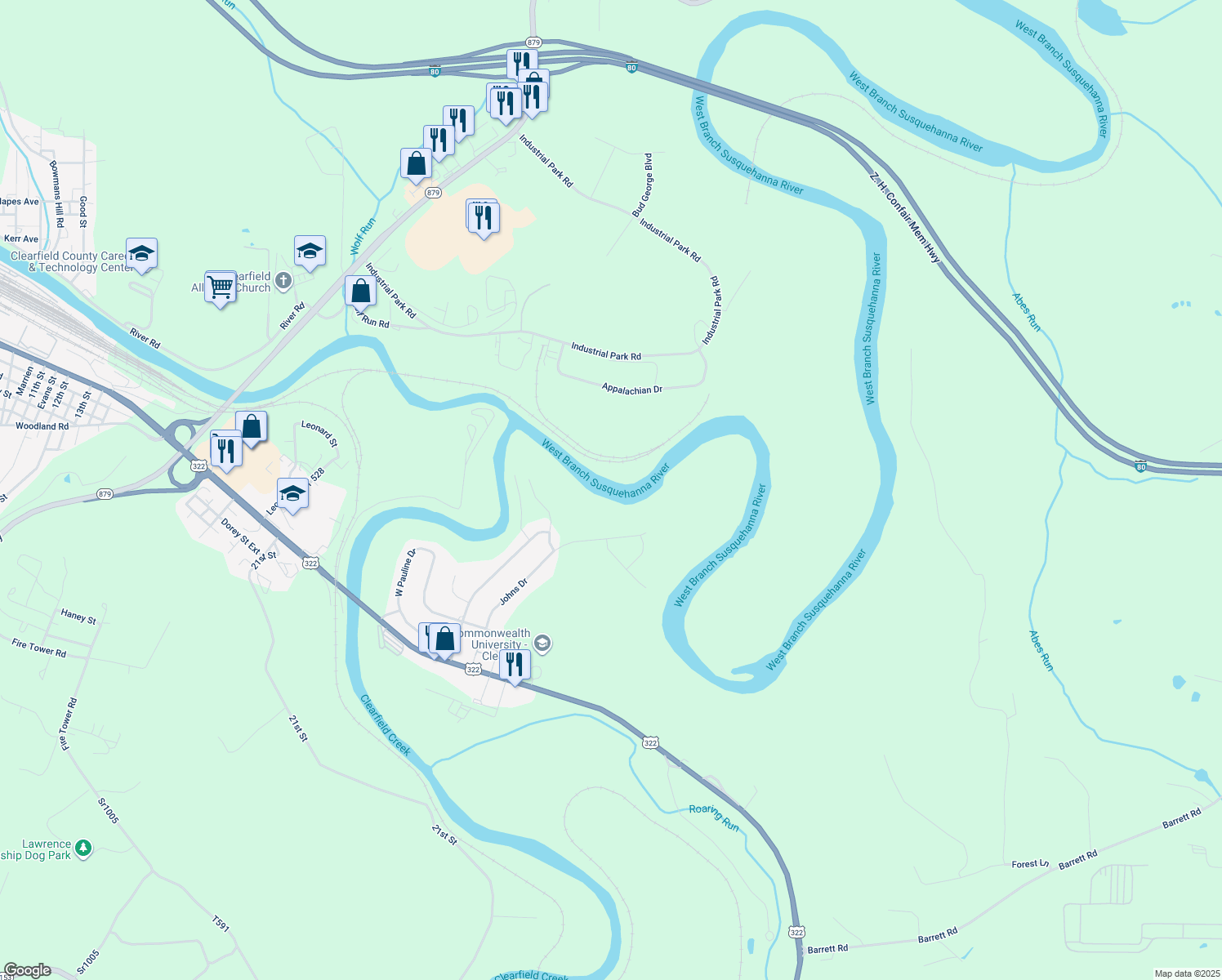 map of restaurants, bars, coffee shops, grocery stores, and more near 515 Johns Drive in Clearfield