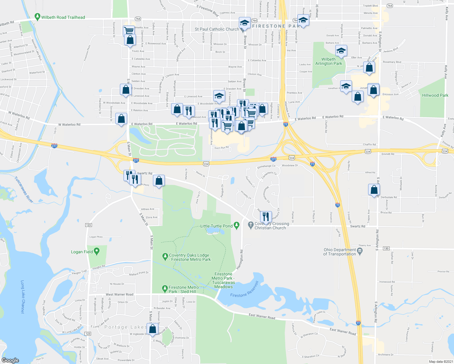 map of restaurants, bars, coffee shops, grocery stores, and more near 2145 Penguin Drive in Akron